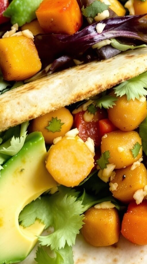A delicious spicy chickpea wrap filled with fresh vegetables and avocado