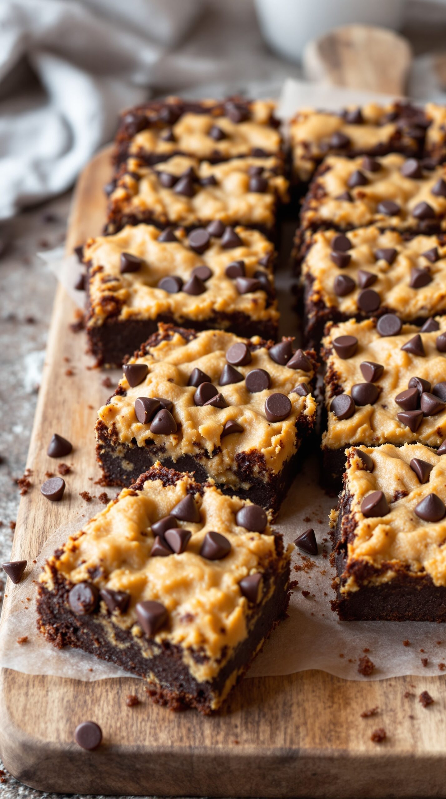 Delicious Chocolate Chip Cookie Dough Brownies on a wooden board.