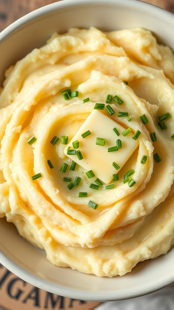 A bowl of creamy mashed potatoes topped with butter and chives.