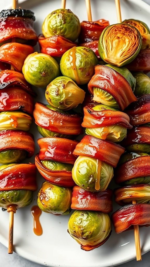 Maple Bacon Brussels Sprouts Skewers on a plate