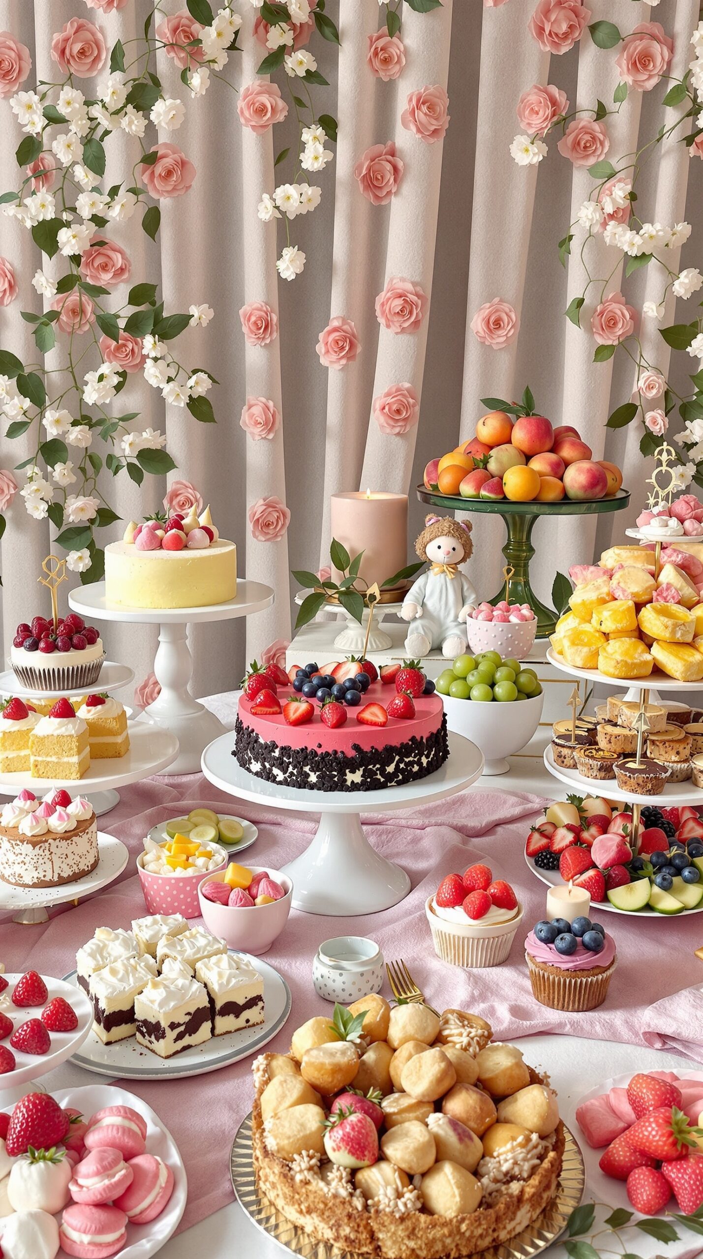 A beautifully arranged dessert table featuring various cakes, pastries, and fruits with a floral backdrop.