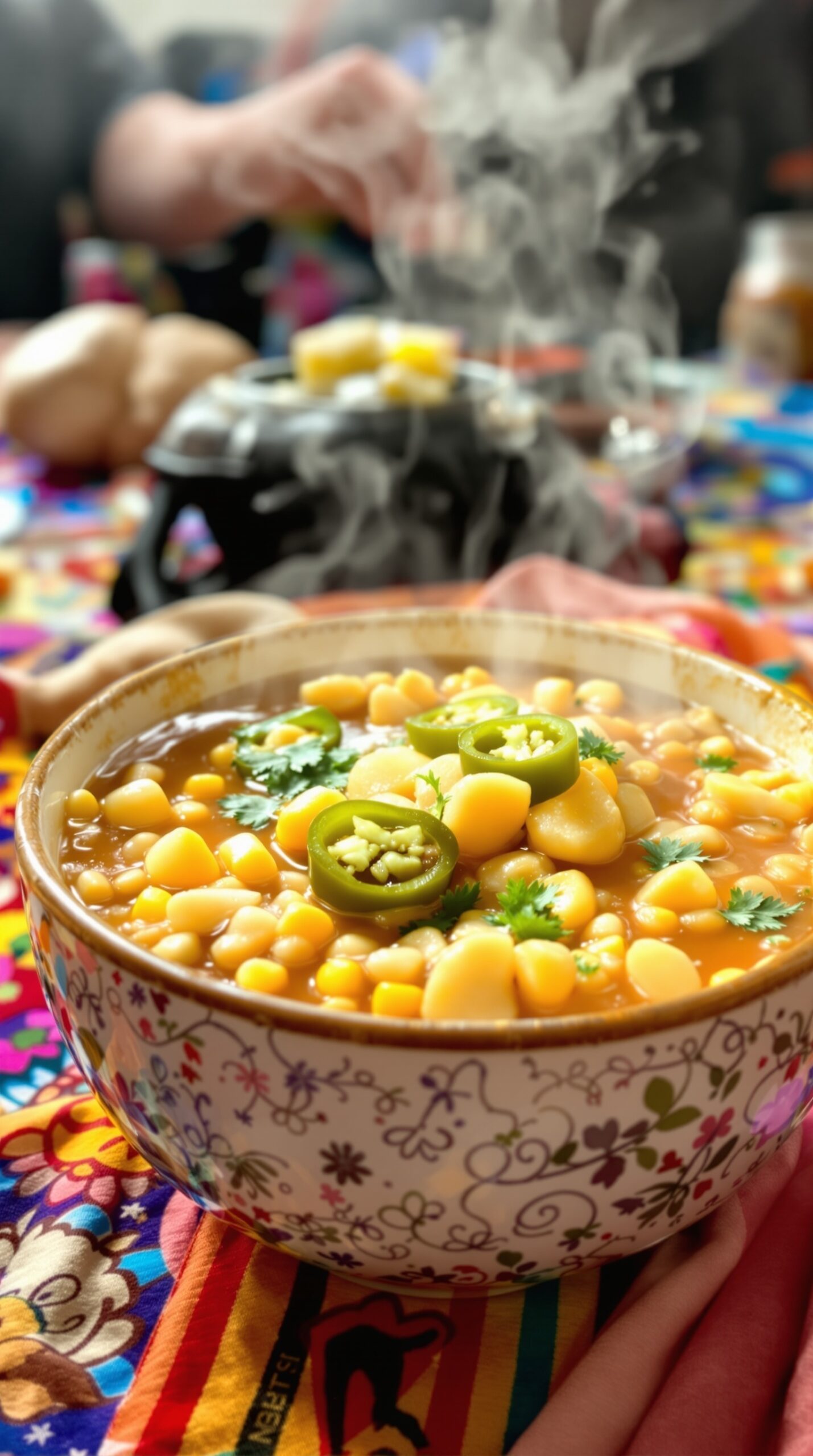 A bowl of spicy potato and corn chowder with jalapeños and cilantro, steaming on a colorful tablecloth.