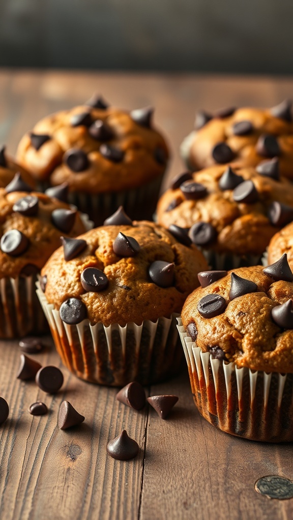 A batch of chocolate chip pumpkin muffins with chocolate chips on top
