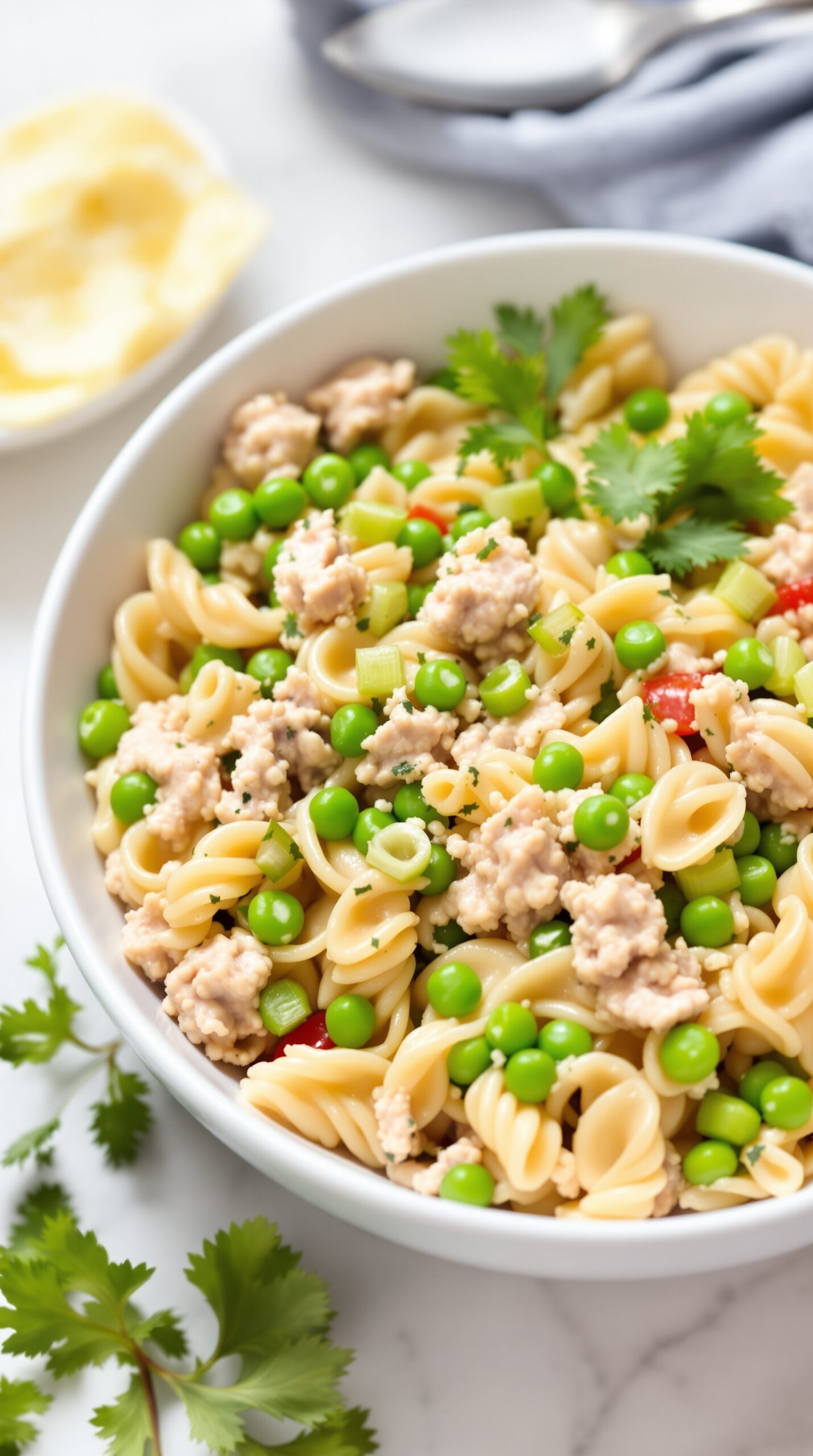A bowl of tuna pasta salad with peas and celery, showcasing colorful ingredients.