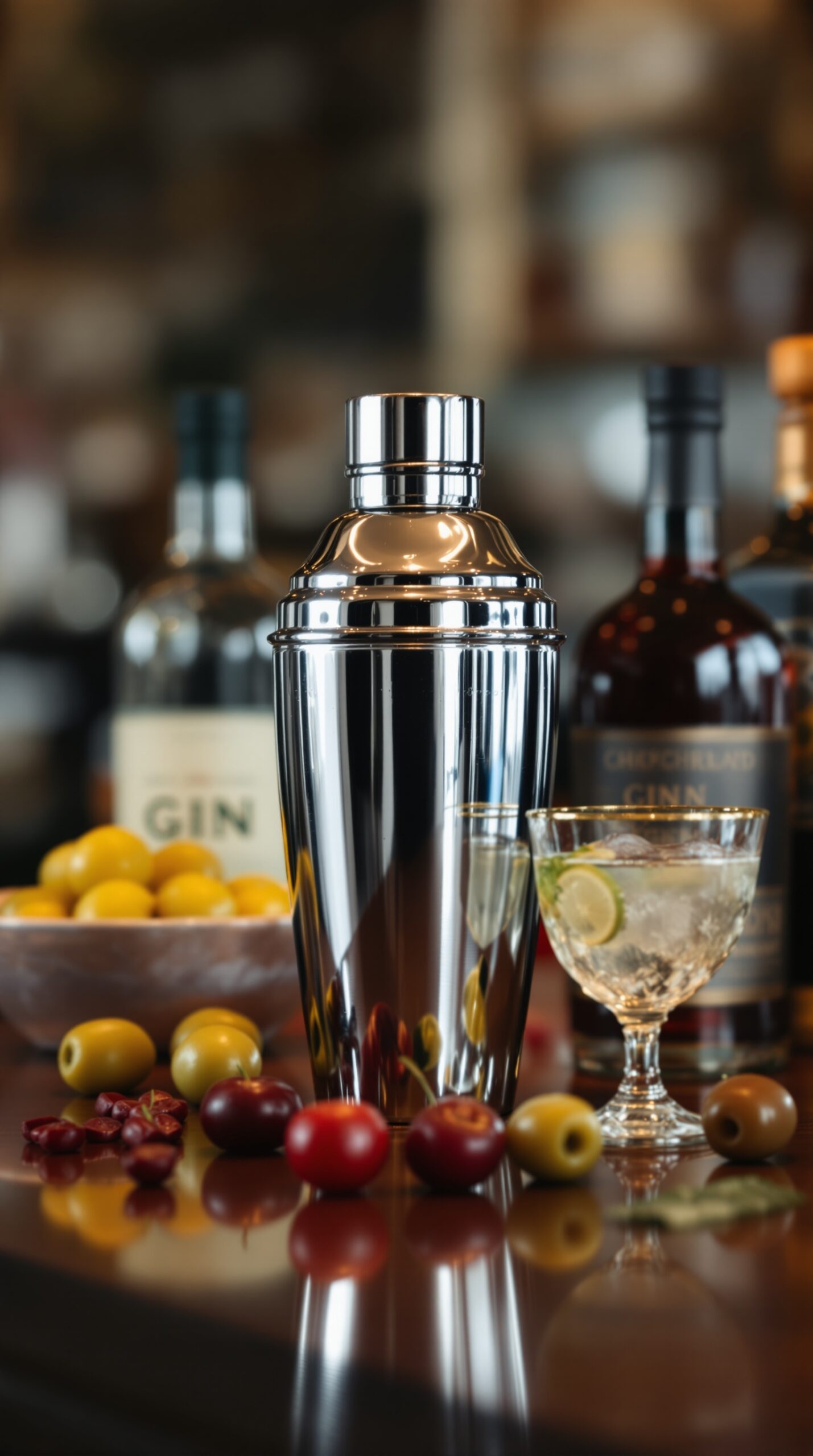 A cocktail shaker with various spirits and garnishes, ready for cocktail making.
