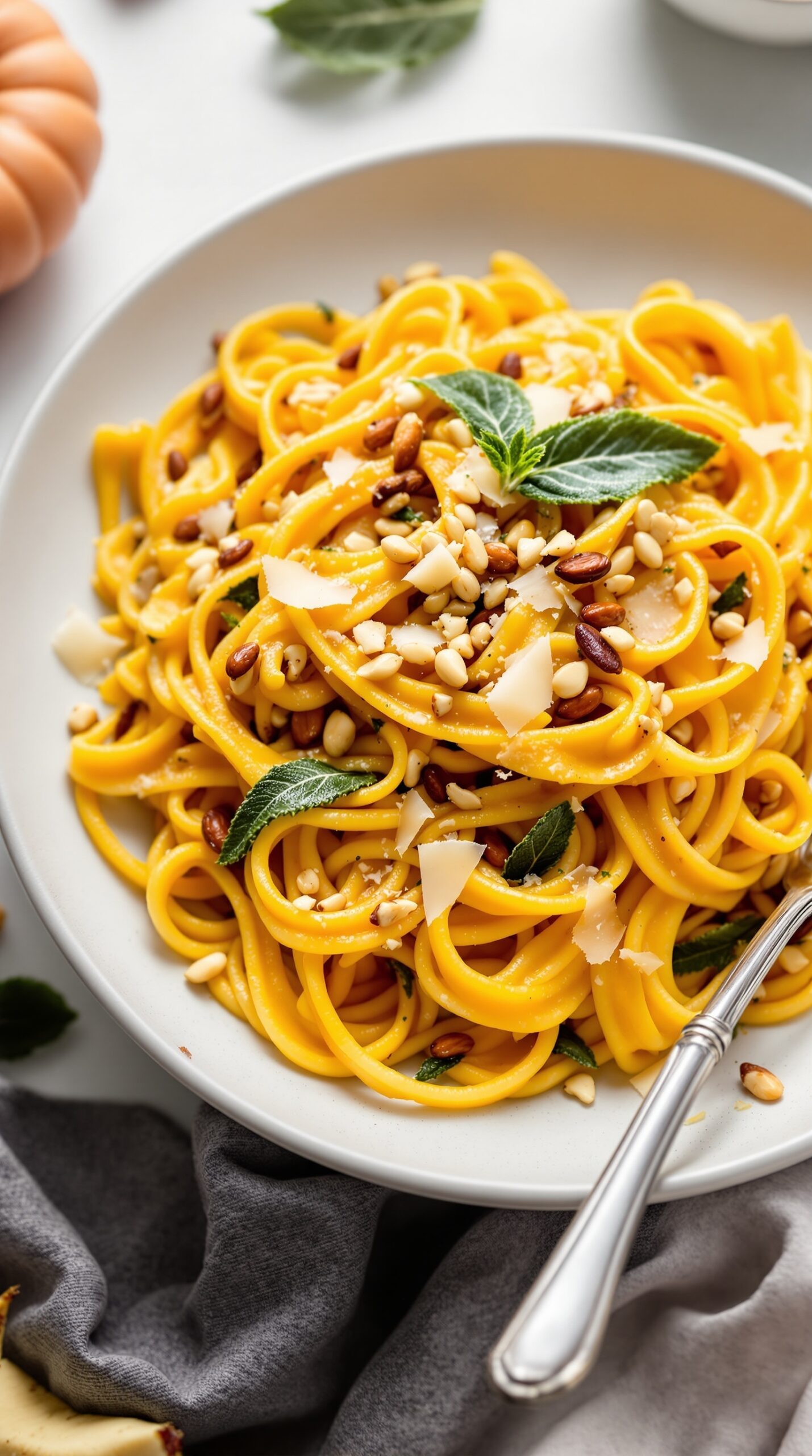 A plate of savory pumpkin and sage pasta topped with pine nuts and fresh sage leaves.
