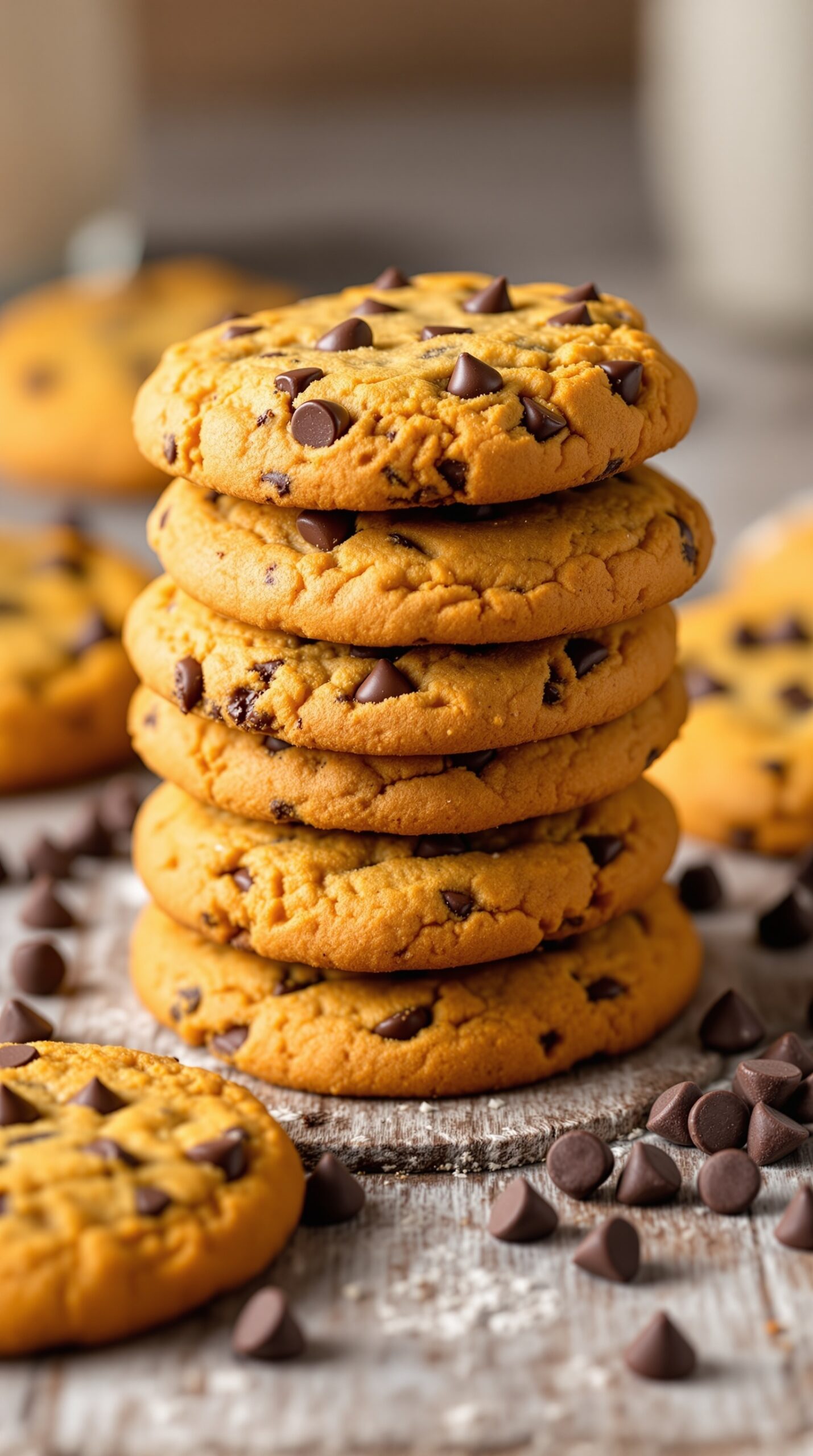 A stack of pumpkin chocolate chip cookies with chocolate chips scattered around.
