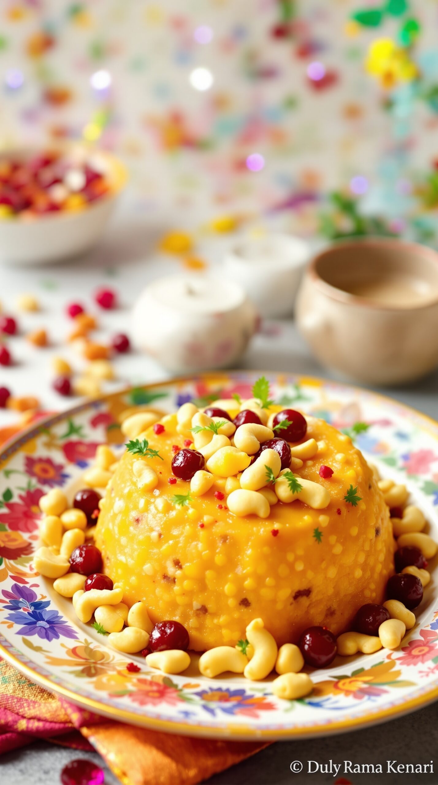 A colorful plate of Rawa Kesari garnished with nuts and dried fruits.