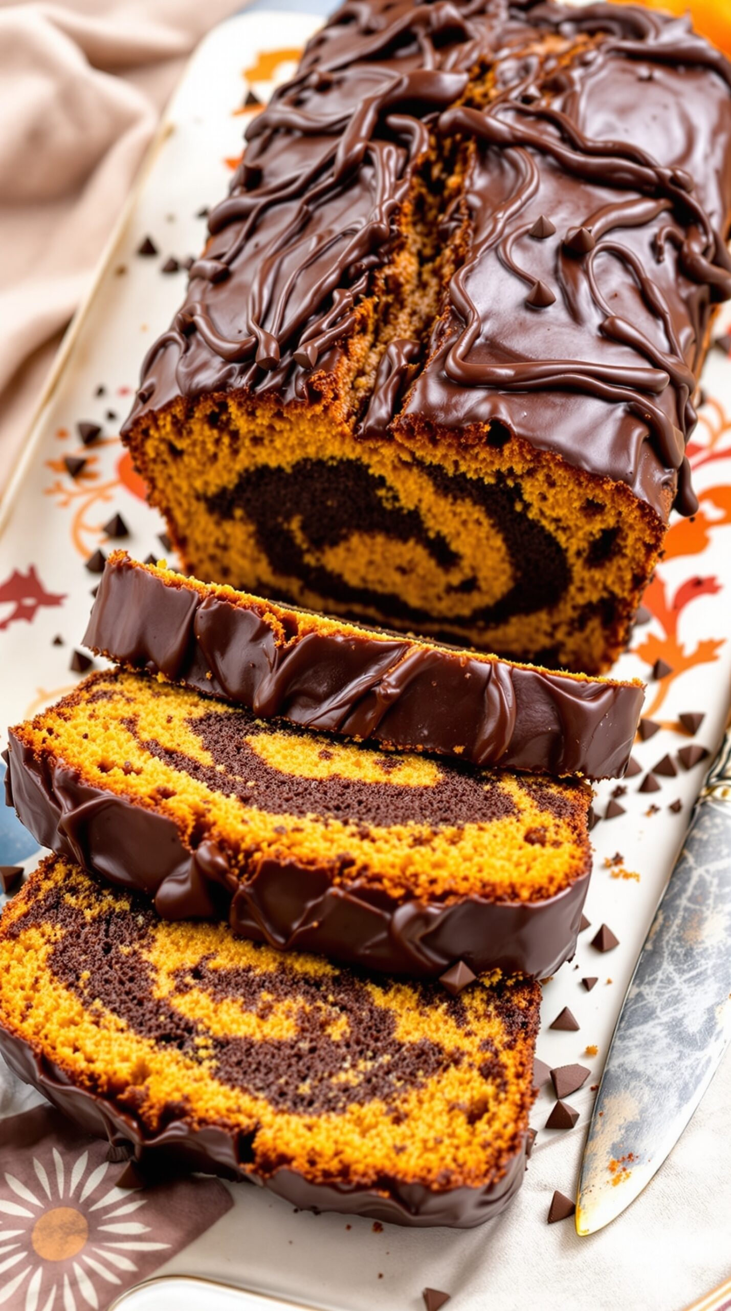 Chocolate swirl pumpkin bread with slices showcasing the swirl pattern