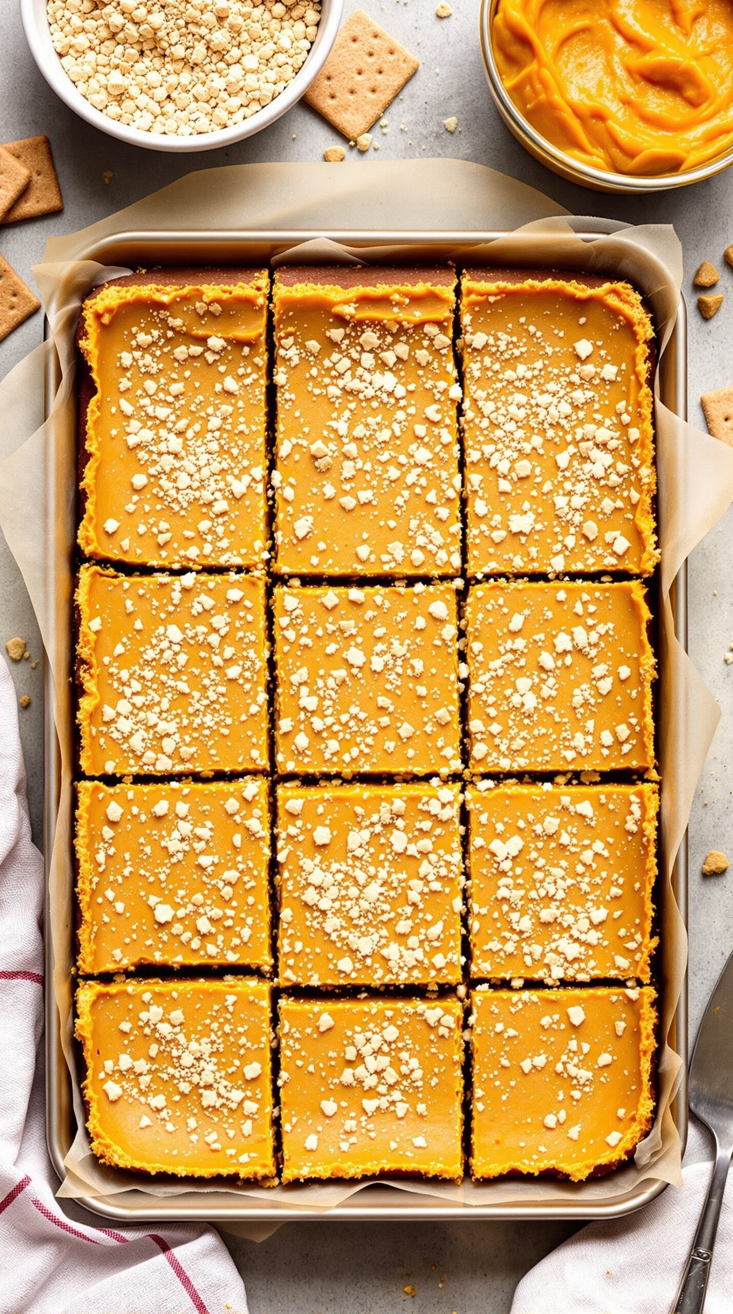No-bake pumpkin bars with a graham cracker crust, topped with crushed graham crackers.