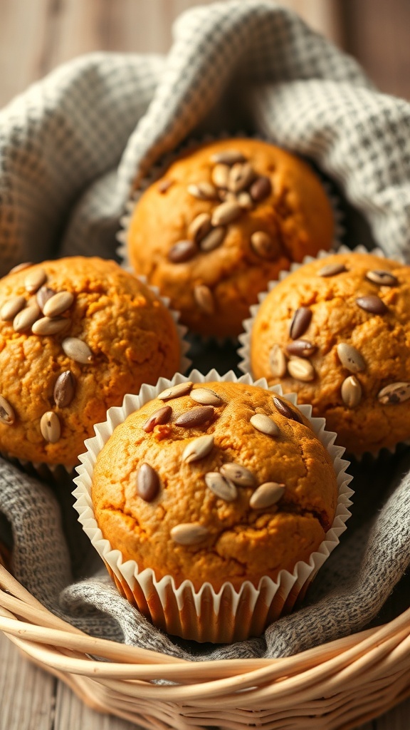 A basket of pumpkin muffins topped with sunflower seeds