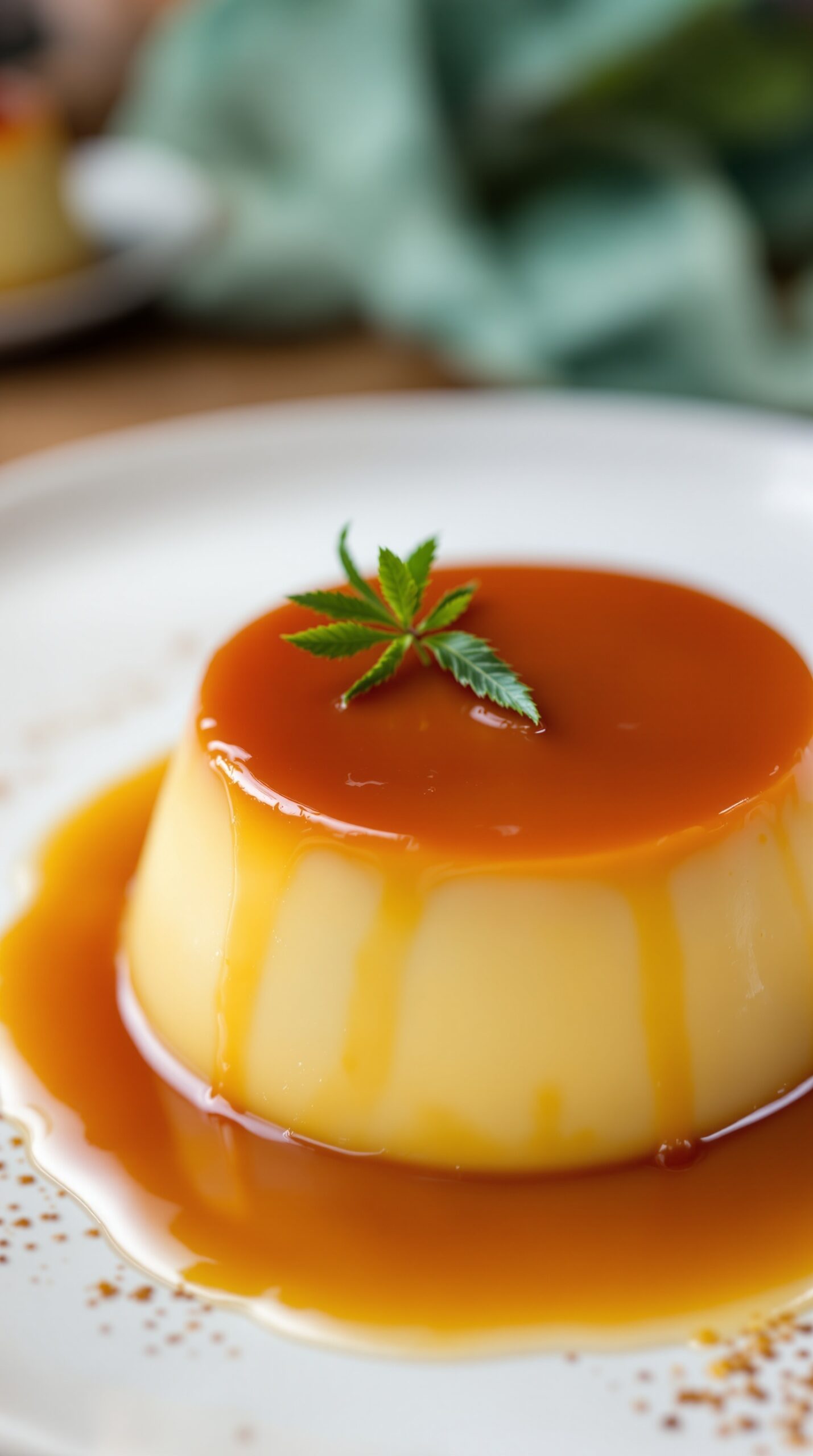 A beautifully plated caramel flan topped with a mint leaf, surrounded by caramel sauce.