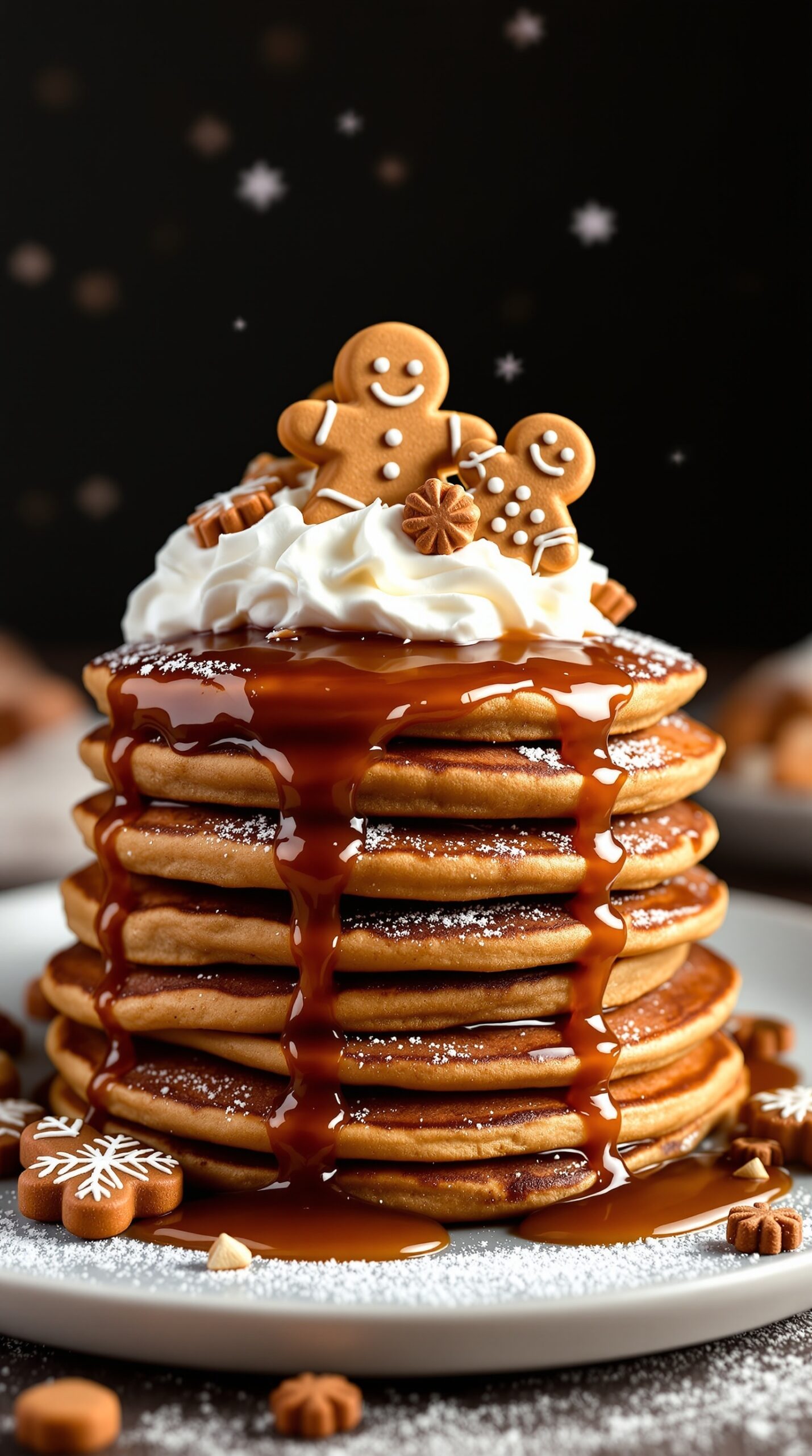 A stack of gingerbread pancakes topped with whipped cream and gingerbread cookies, drizzled with syrup.