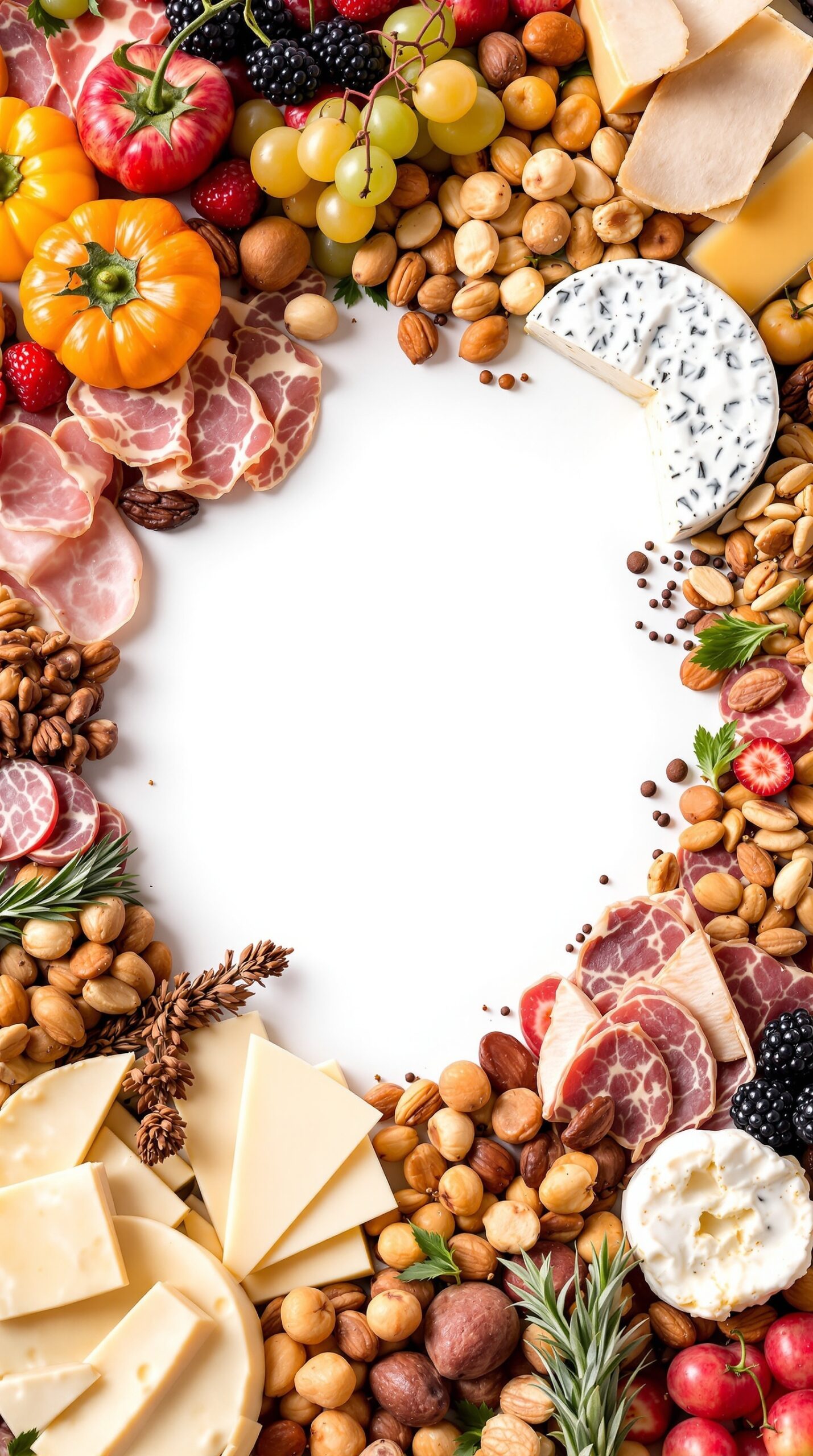 A colorful cheese and charcuterie board featuring various cheeses, cured meats, fresh fruits, and nuts, perfect for a Christmas brunch.