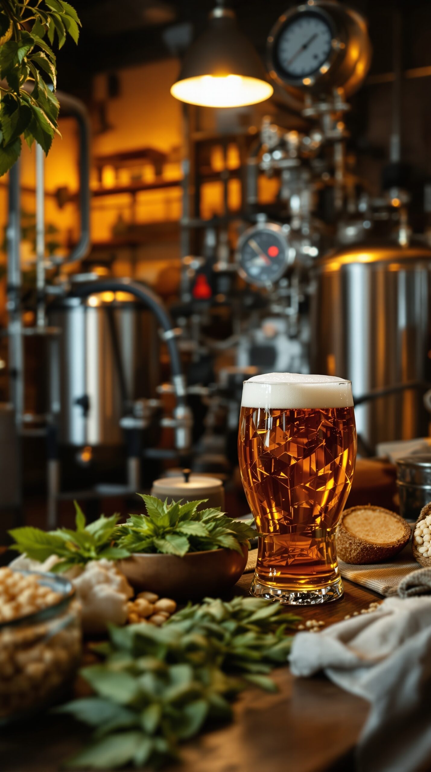 A glass of amber craft beer in front of brewing equipment with hops and grains.
