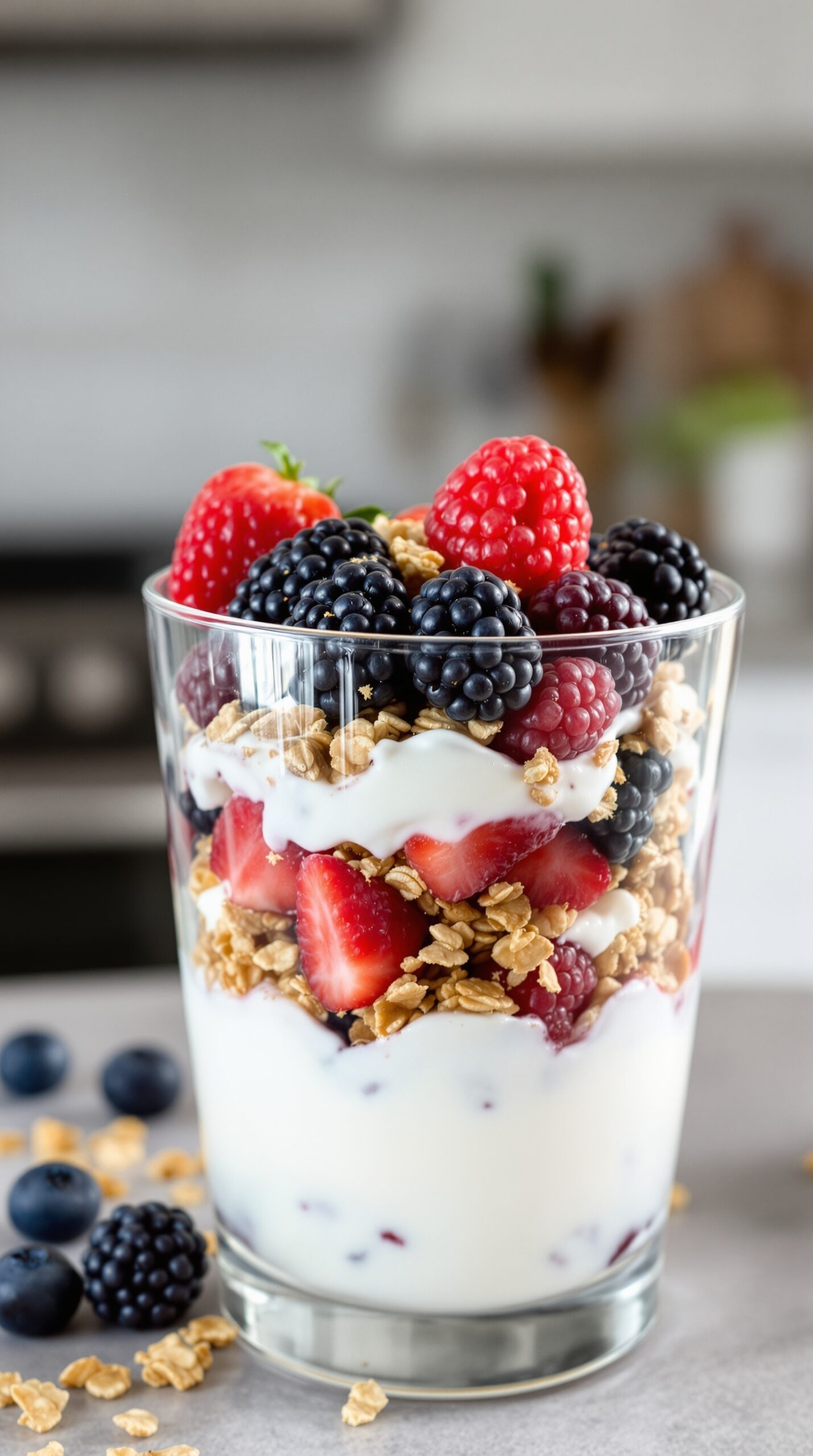 A delicious Greek yogurt parfait layered with berries and granola.