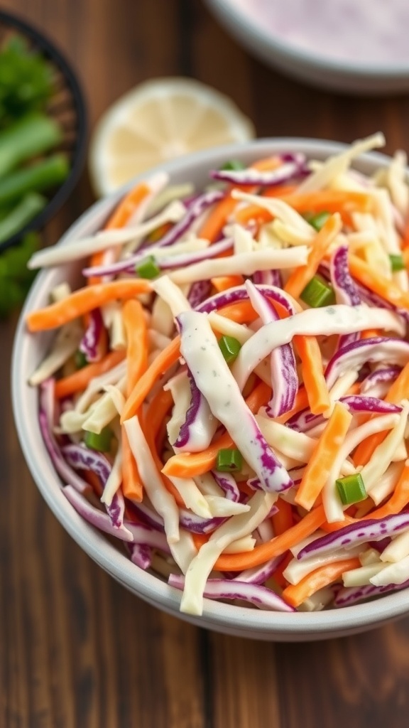 A bowl of colorful coleslaw with shredded cabbage and carrots, topped with a creamy dressing.