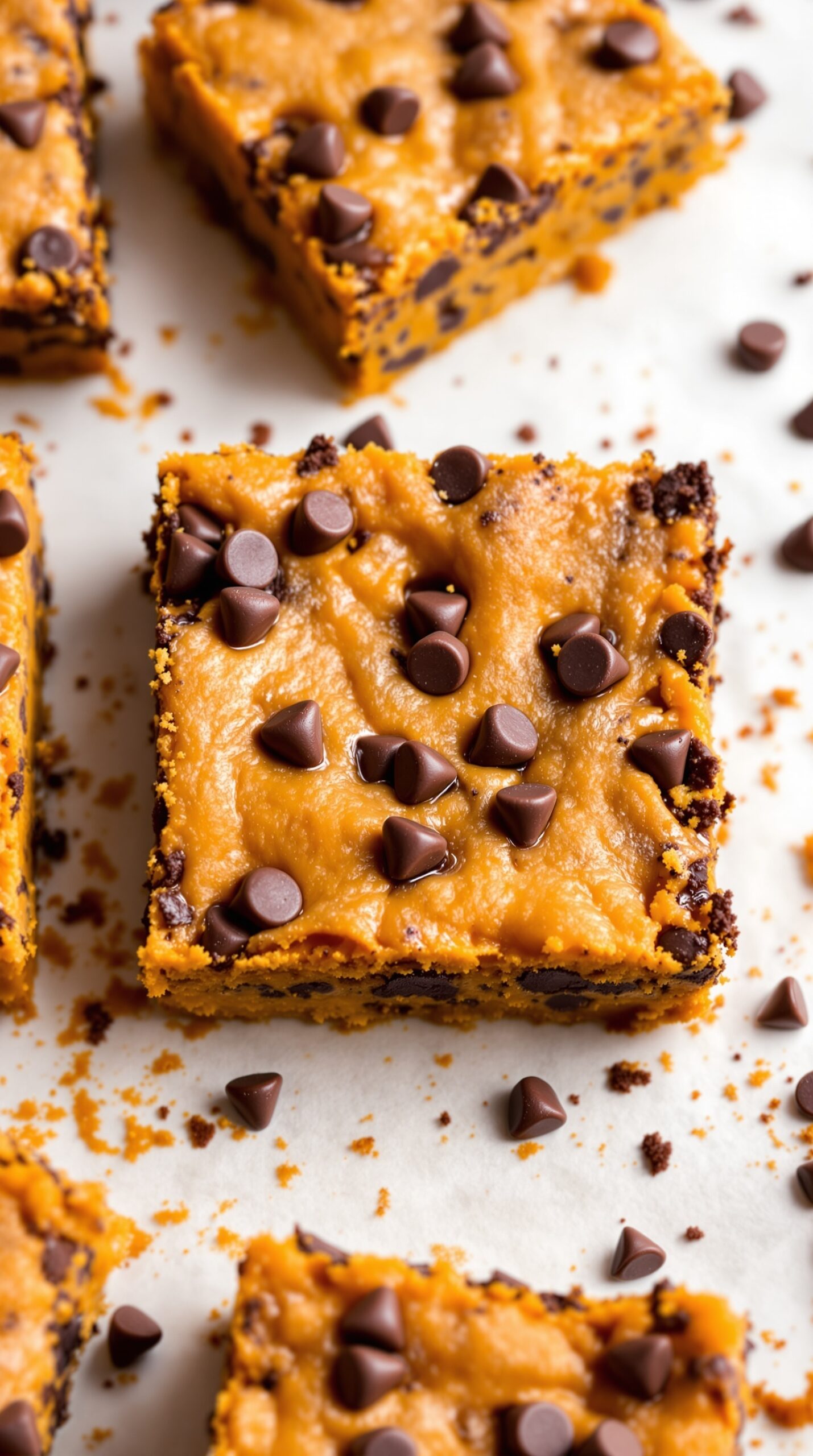 Delicious chocolate chip pumpkin bars topped with chocolate chips