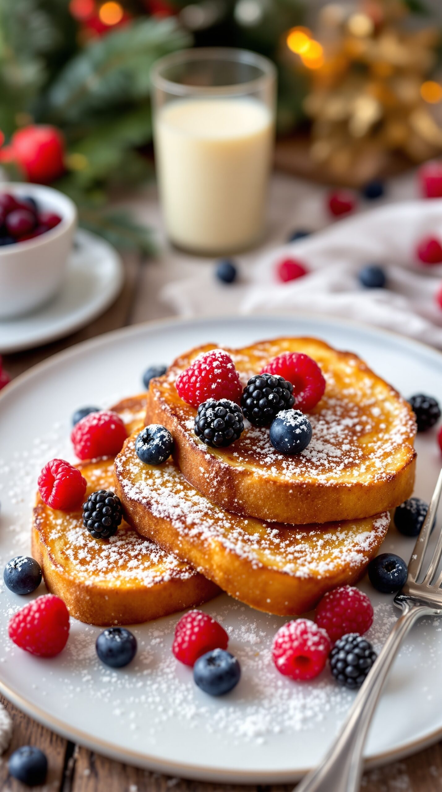 A plate of Festive Eggnog French Toast topped with fresh berries and powdered sugar, with a glass of eggnog in the background.