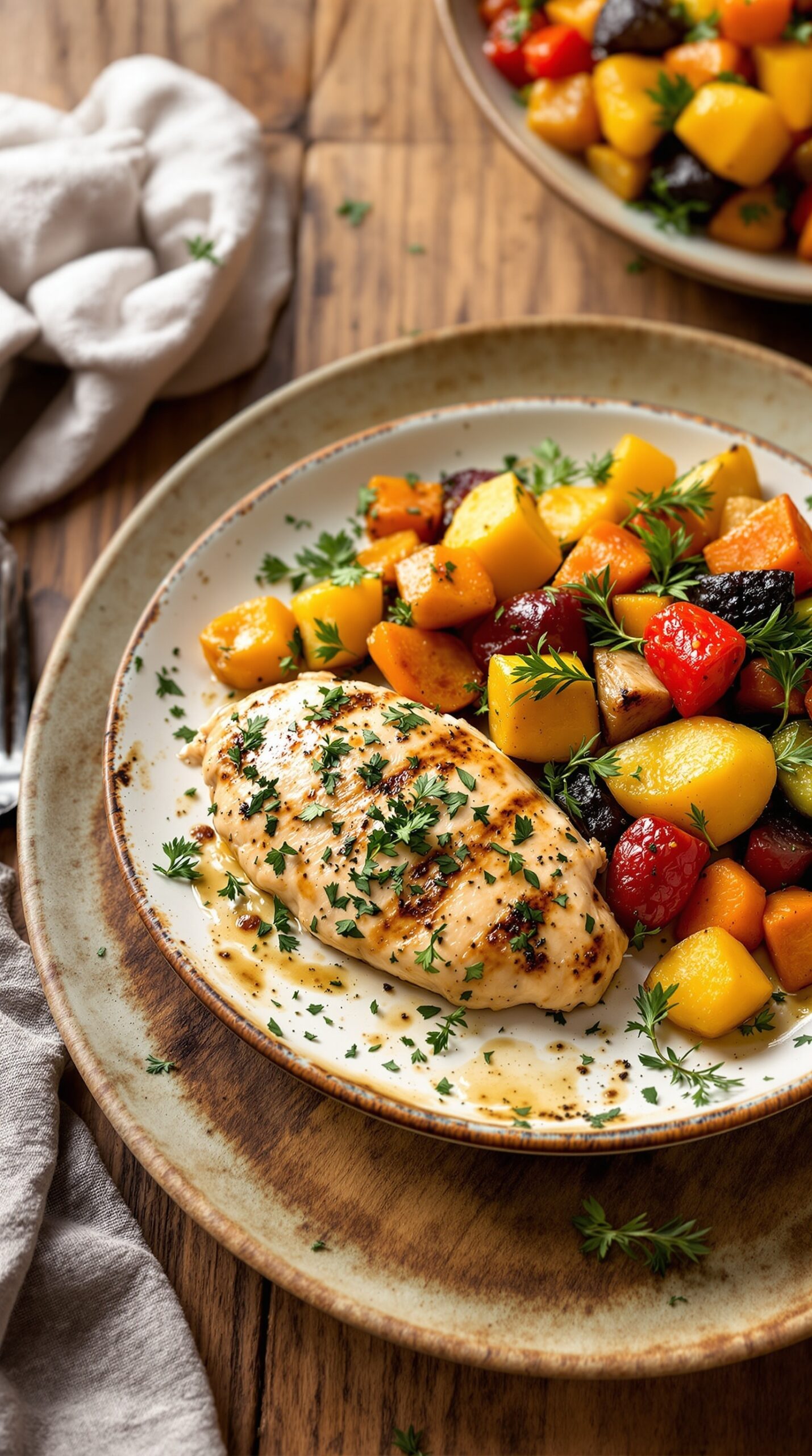 A plate of herb-crusted chicken served with a colorful mix of roasted root vegetables.