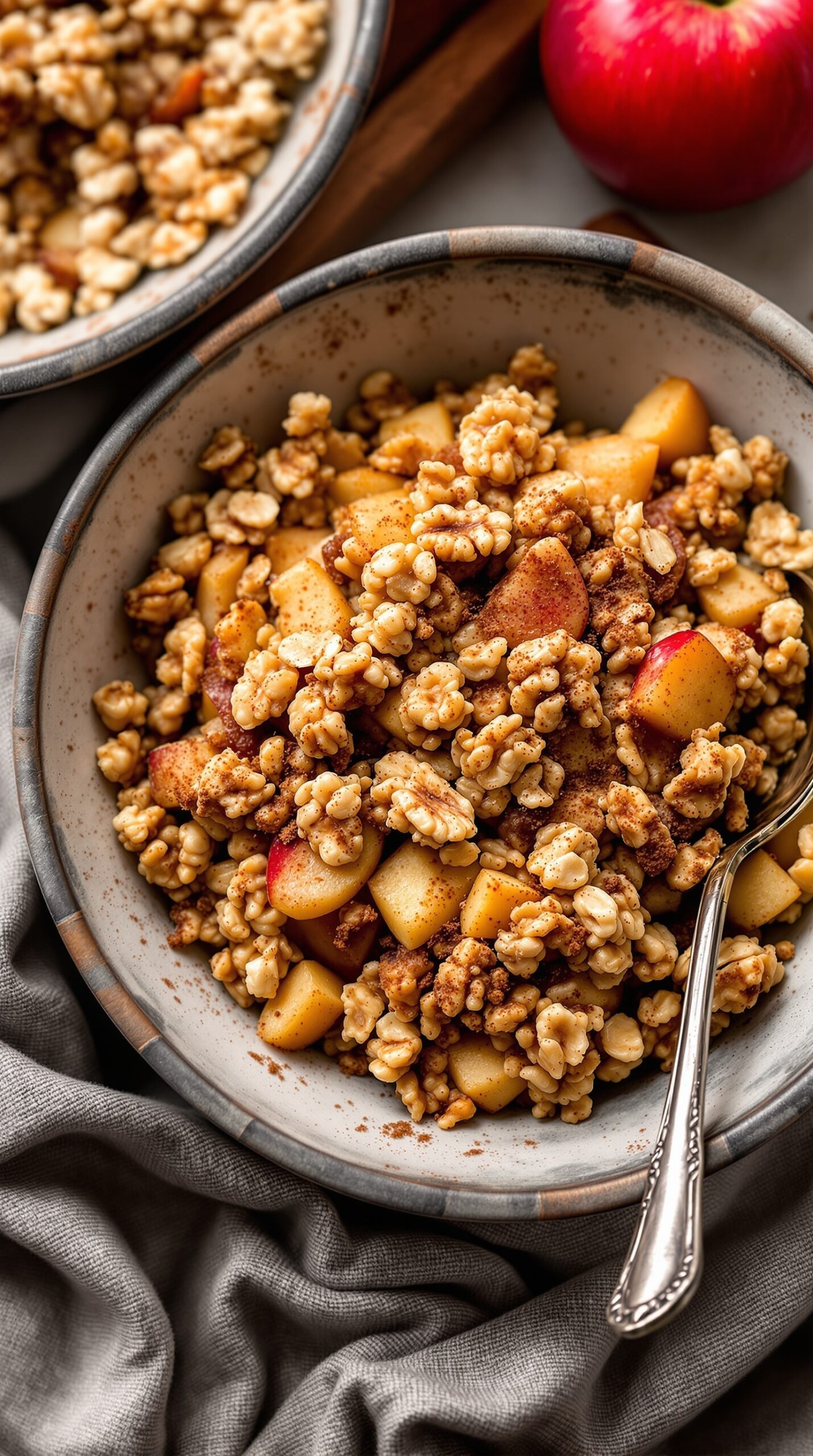 A bowl of oatmeal and walnut topped apple crisp with sliced apples and a crunchy topping.