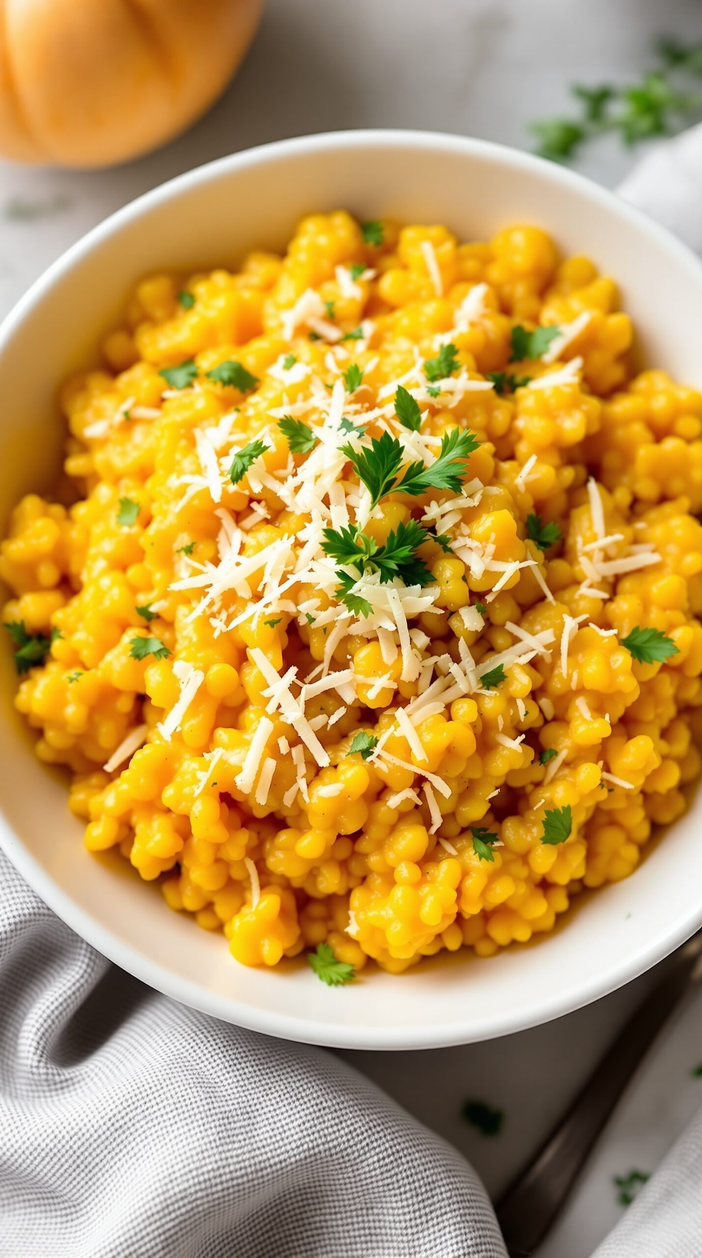 A bowl of creamy butternut squash risotto topped with Parmesan cheese and fresh parsley.