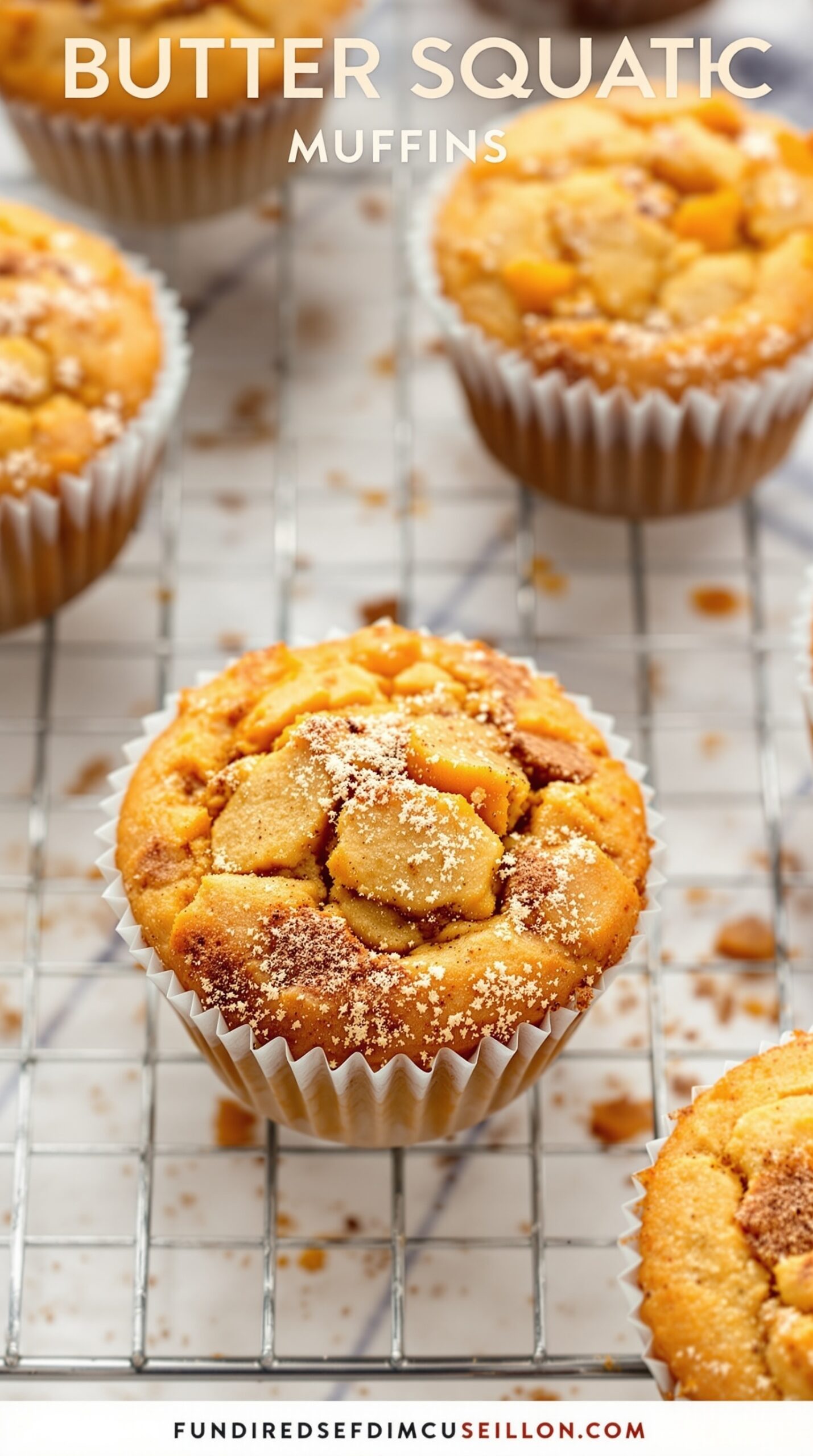 Delicious butternut squash muffins on a cooling rack, showcasing a golden-brown top with a sprinkle of cinnamon.