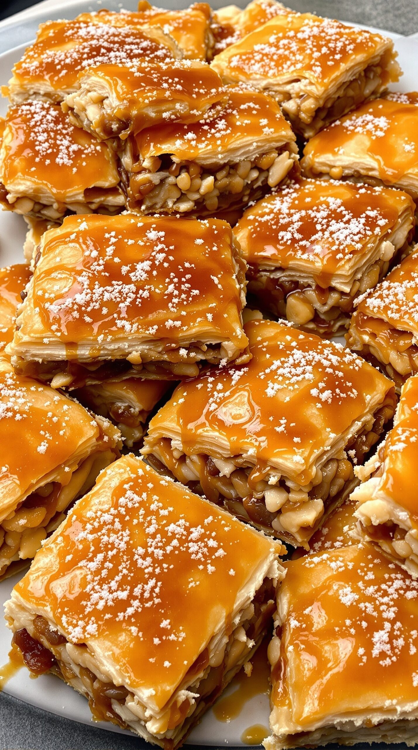 A plate of nutty baklava drizzled with honey and sprinkled with powdered sugar.