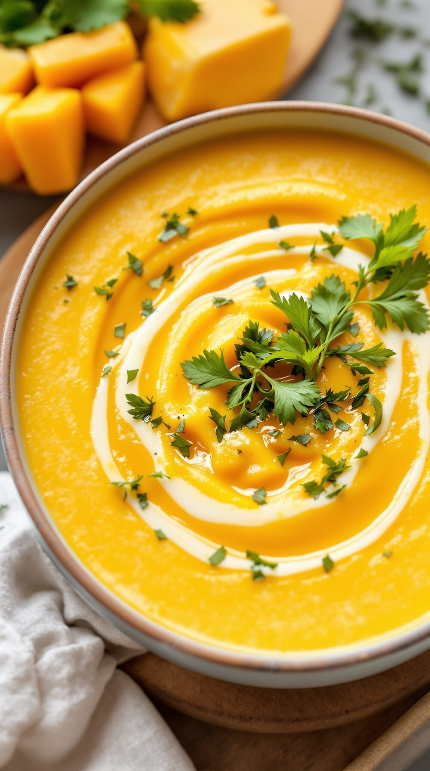 A bowl of creamy butternut squash soup garnished with cilantro and a swirl of cream, with butternut squash cubes and cheese in the background.