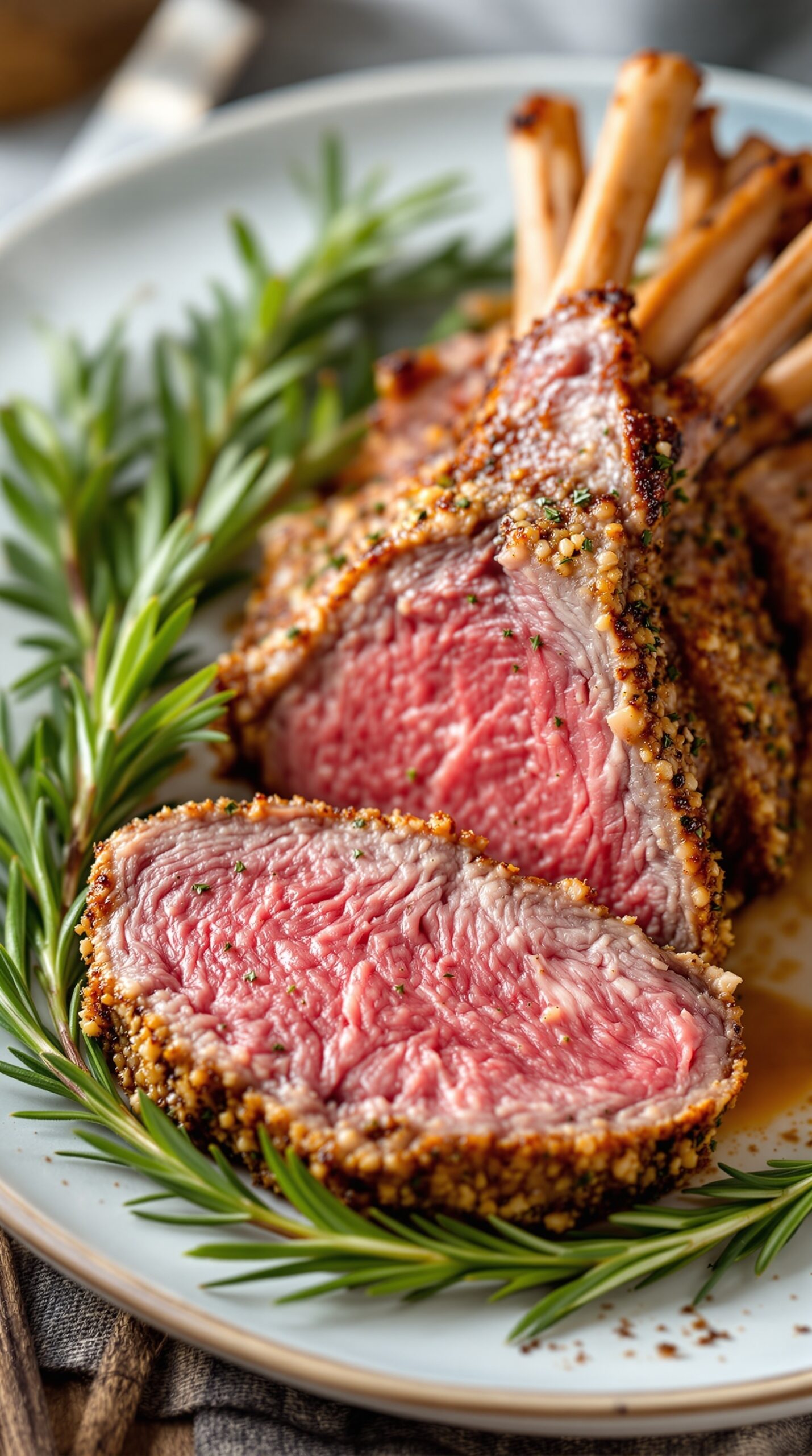 A beautifully cooked herb-crusted rack of lamb, garnished with fresh herbs.
