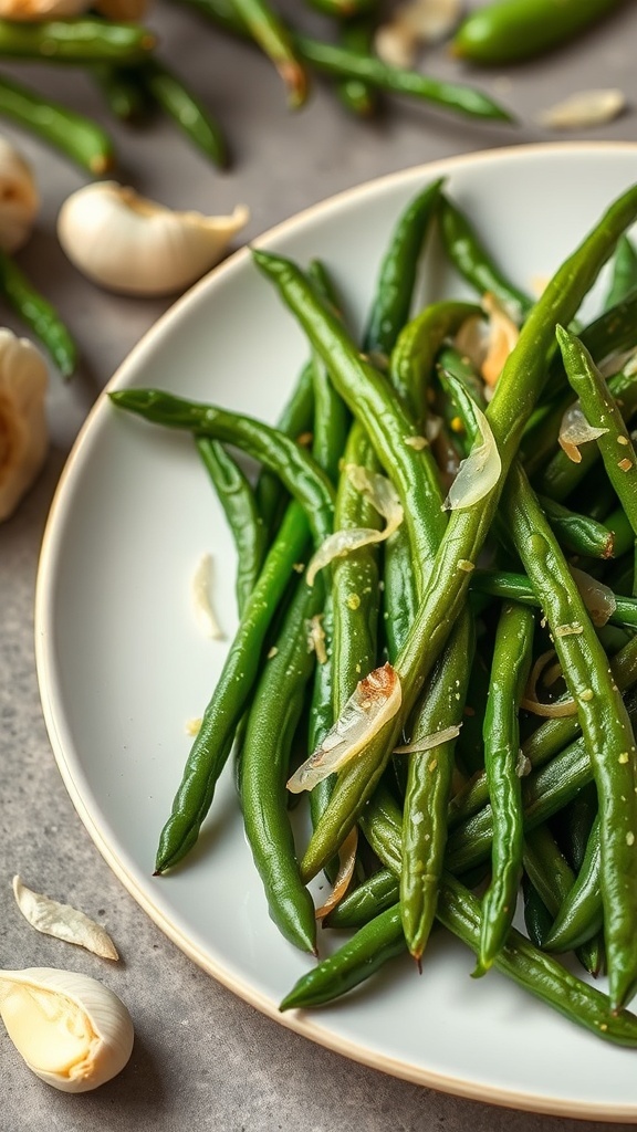 A plate of garlic butter green beans garnished with garlic slices.
