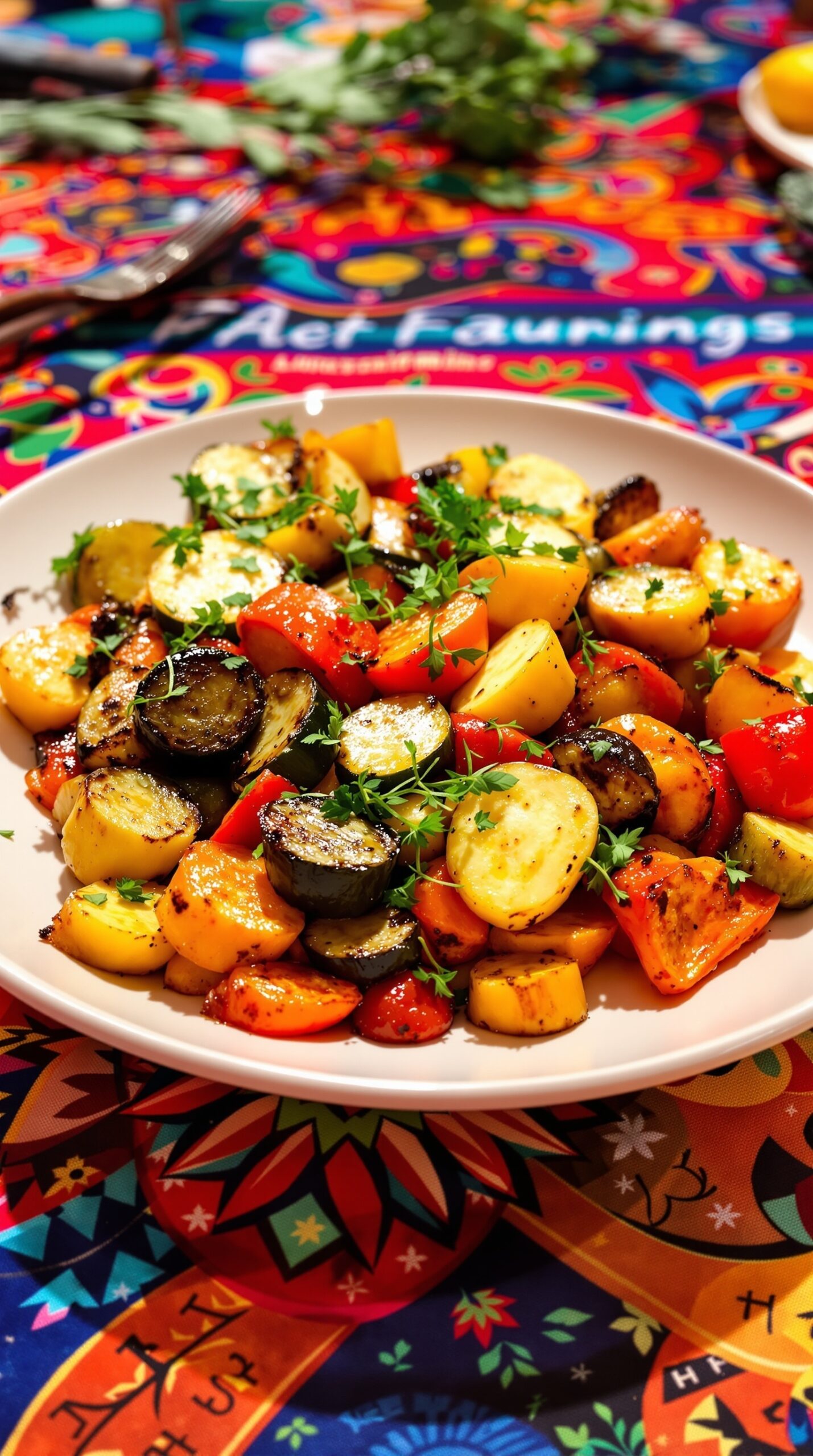 A colorful plate of roasted seasonal vegetables including zucchini, yellow squash, red bell peppers, and baby potatoes, garnished with fresh herbs.