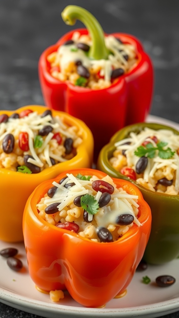 Colorful stuffed bell peppers filled with rice, beans, and cheese.
