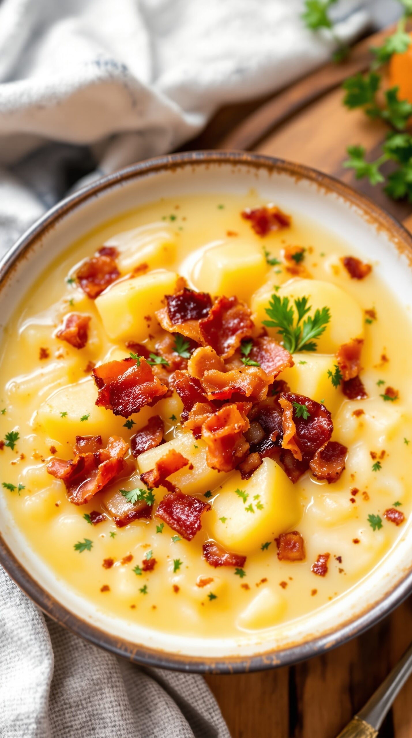 A bowl of creamy potato soup topped with crispy bacon and parsley.