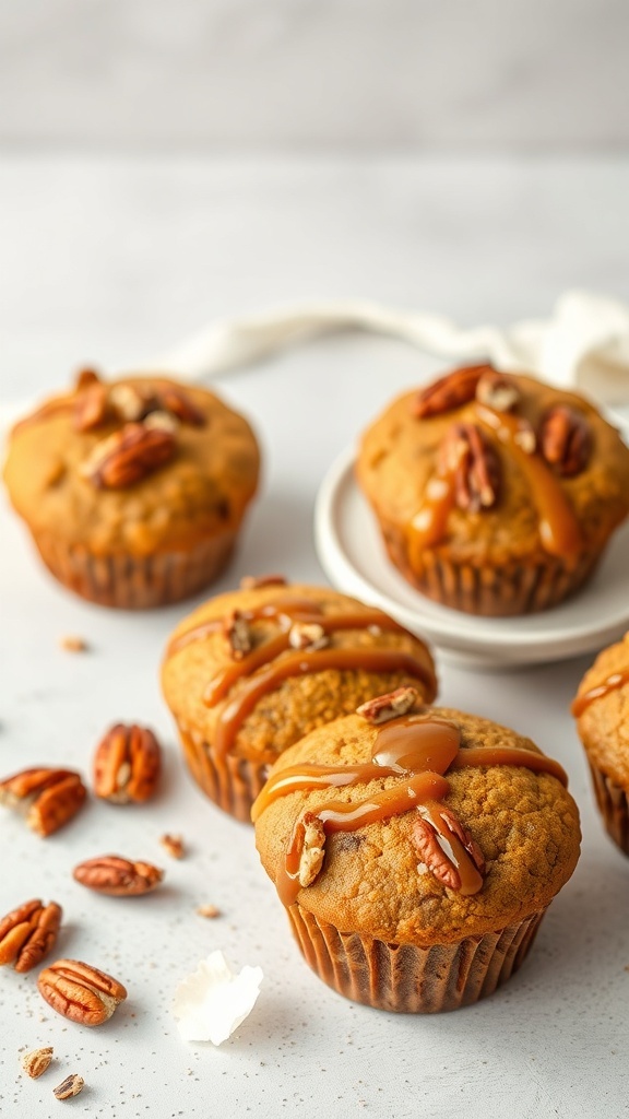 Maple Pecan Pumpkin Muffins topped with pecans and caramel drizzle