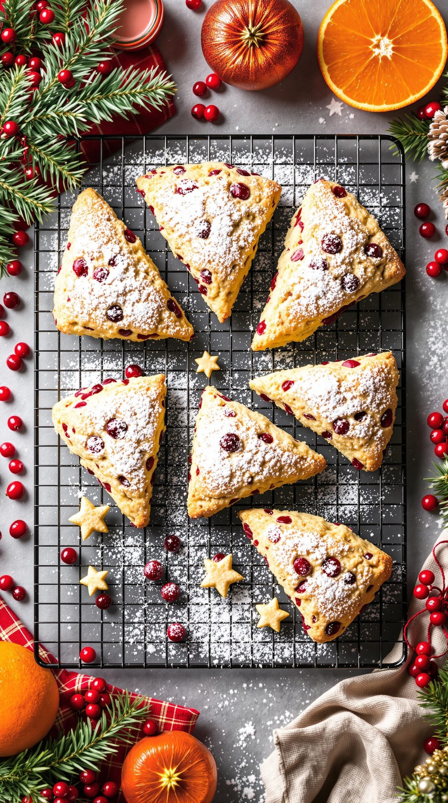 A tray of cranberry orange scones dusted with powdered sugar, surrounded by festive decorations.