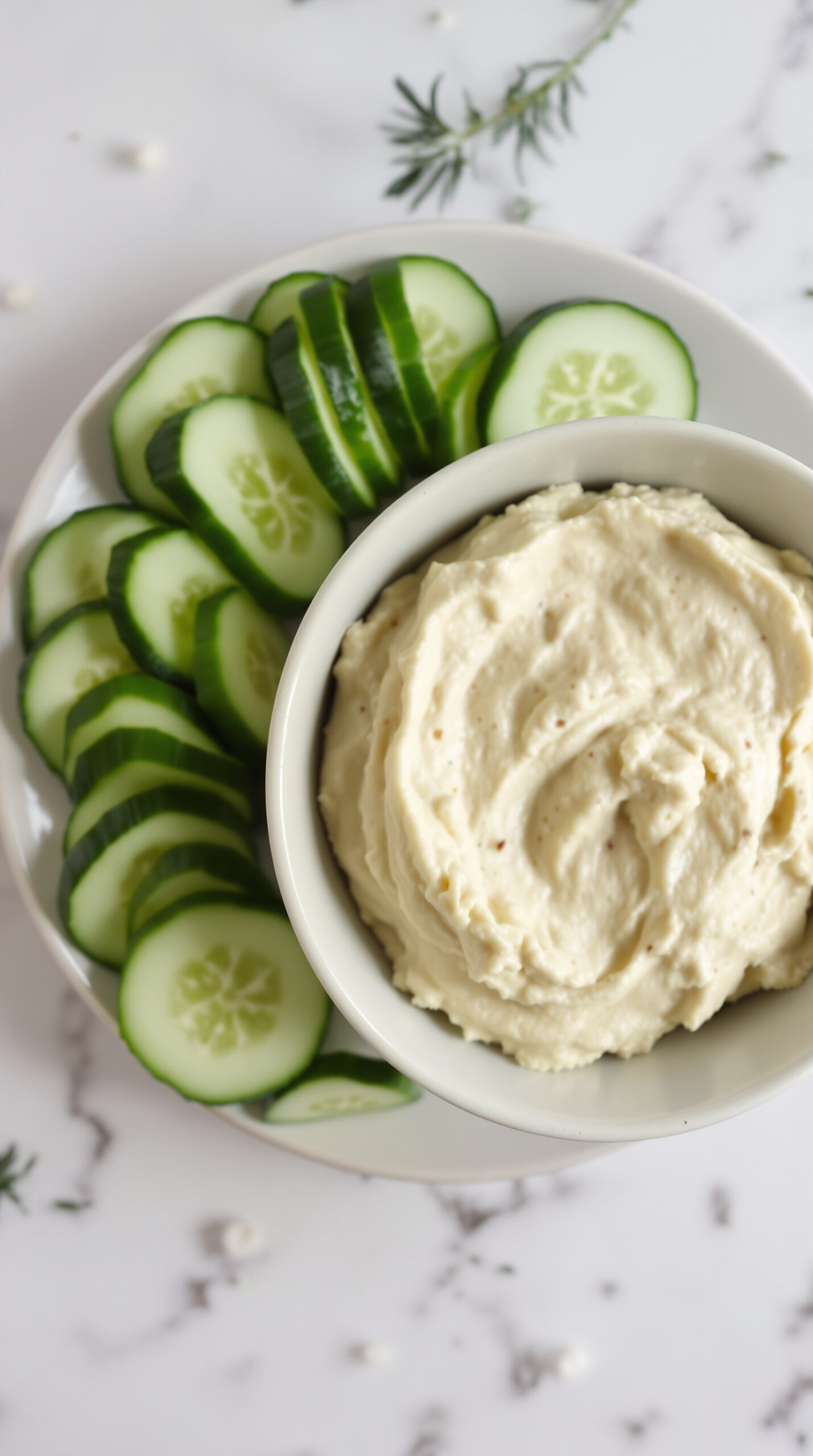 A plate of cucumber slices arranged around a bowl of creamy hummus.