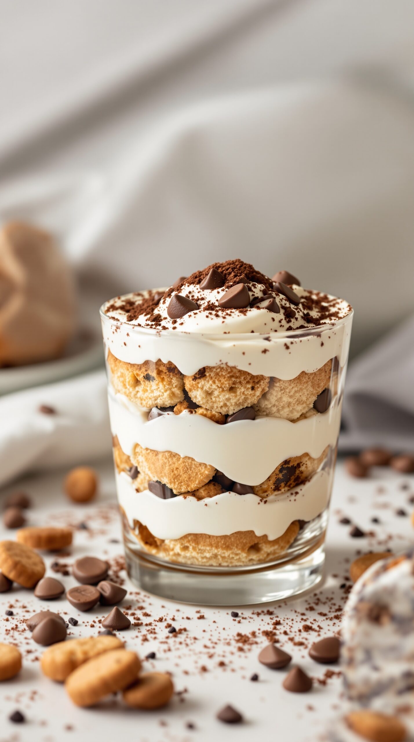 A glass of rich tiramisu layered with coffee-soaked ladyfingers and creamy mascarpone, topped with cocoa powder and chocolate chips.