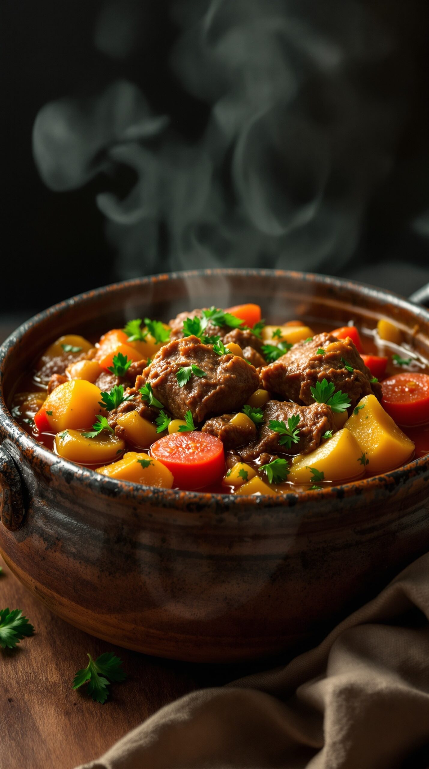 A steaming bowl of beef stew with seasonal vegetables, garnished with parsley