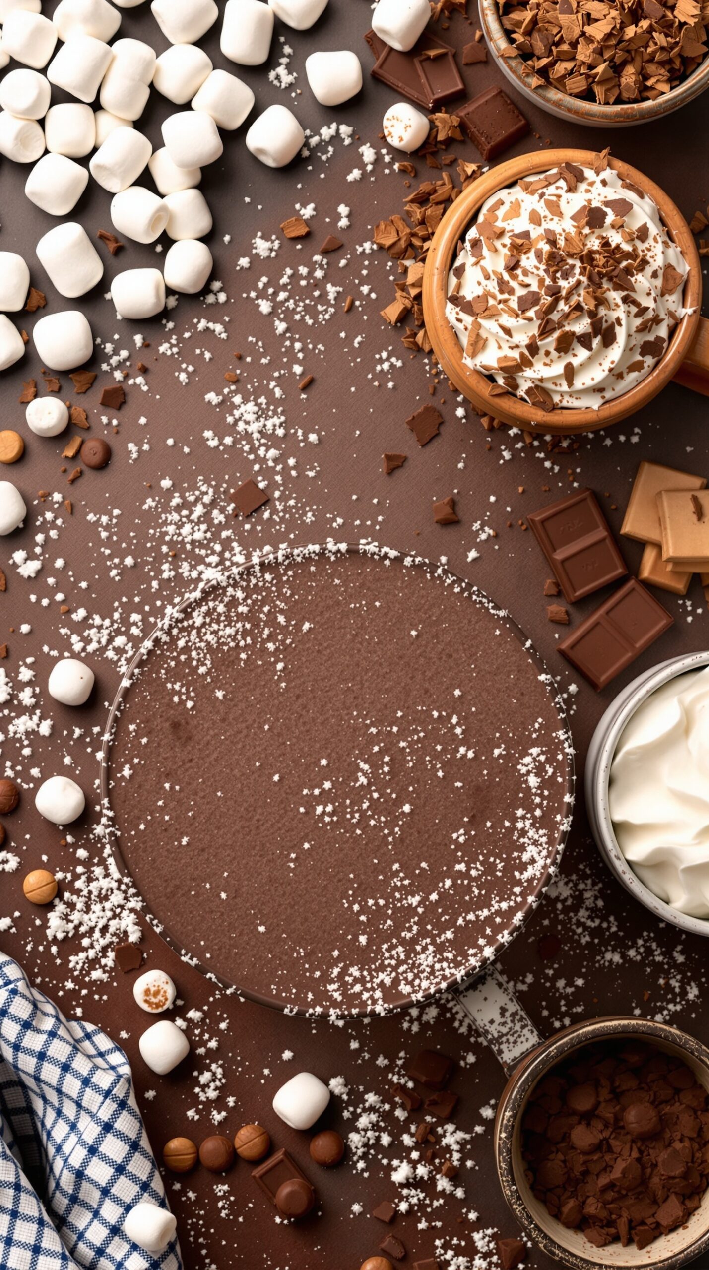 A hot chocolate bar with various toppings including marshmallows, chocolate shavings, and whipped cream.