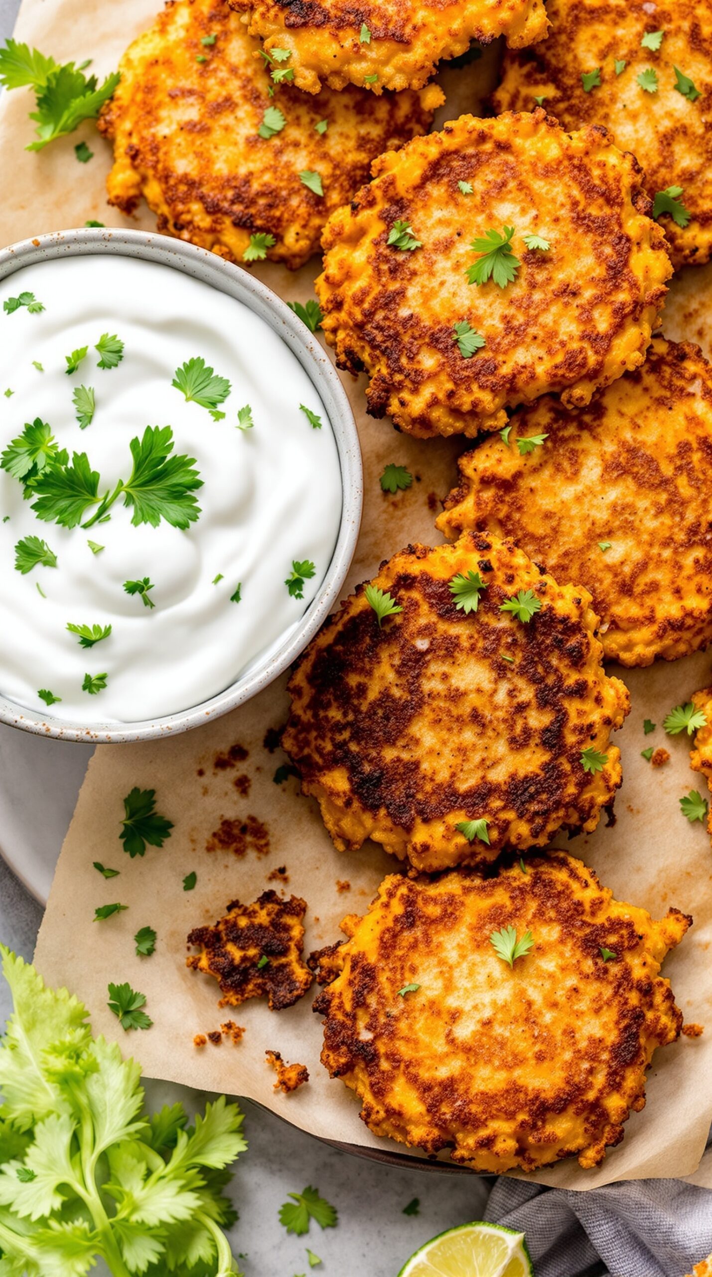 Butternut squash fritters with a yogurt dip, garnished with cilantro.