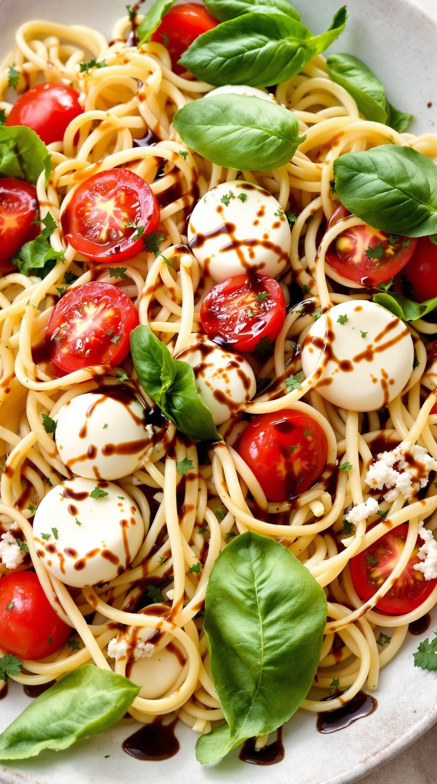 A colorful Caprese pasta salad featuring spaghetti, cherry tomatoes, mozzarella balls, and fresh basil, drizzled with balsamic glaze.