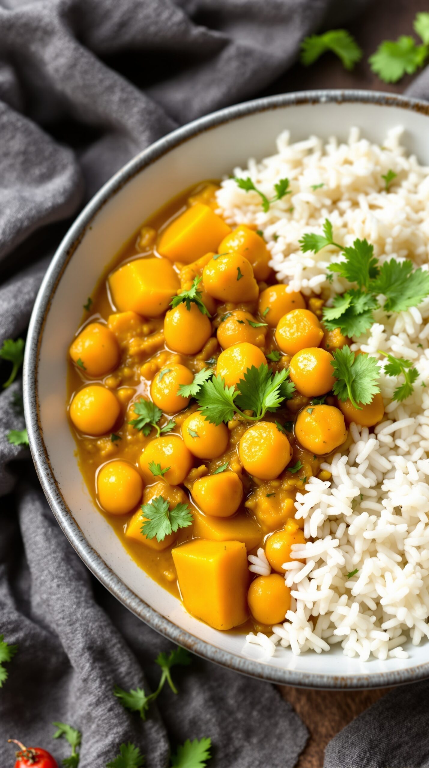 A bowl of butternut squash curry with chickpeas served with rice and garnished with cilantro.