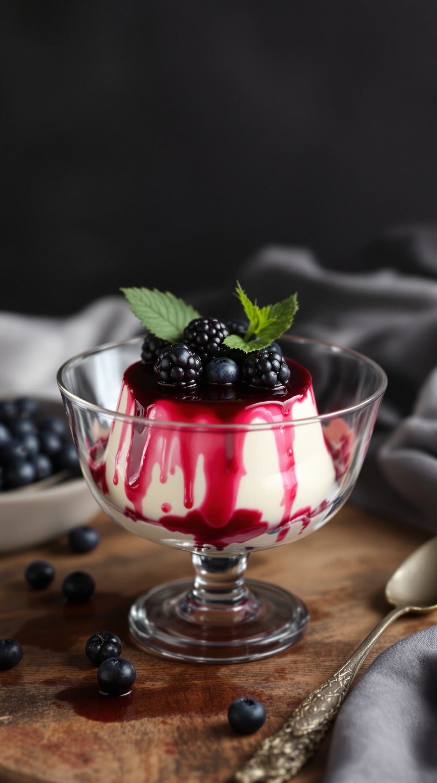 A glass bowl of vanilla bean panna cotta topped with blackberries and a berry sauce.