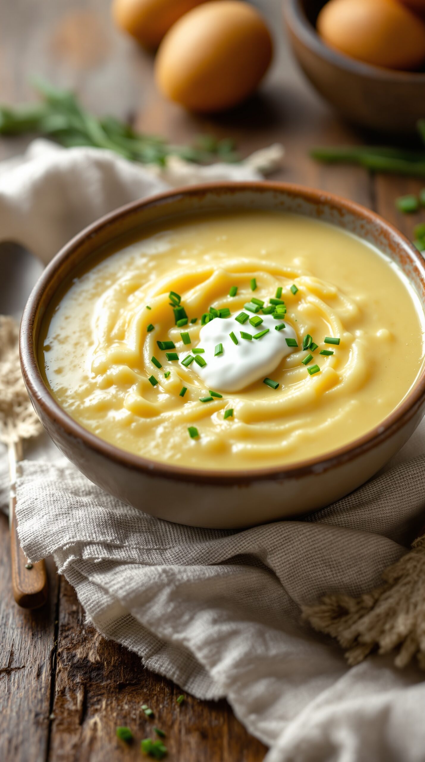 A bowl of creamy potato soup topped with sour cream and chives, set on a rustic wooden table.