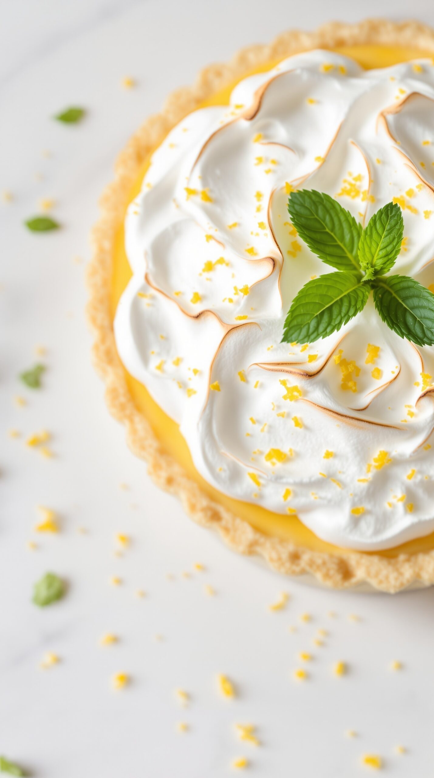 A beautifully presented lemon tart topped with fluffy meringue and garnished with mint leaves.