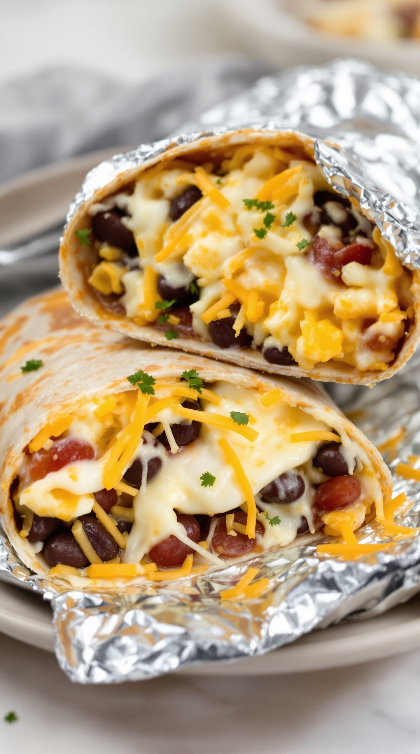 A delicious breakfast burrito filled with beans, cheese, and creamy sauce, wrapped in foil.