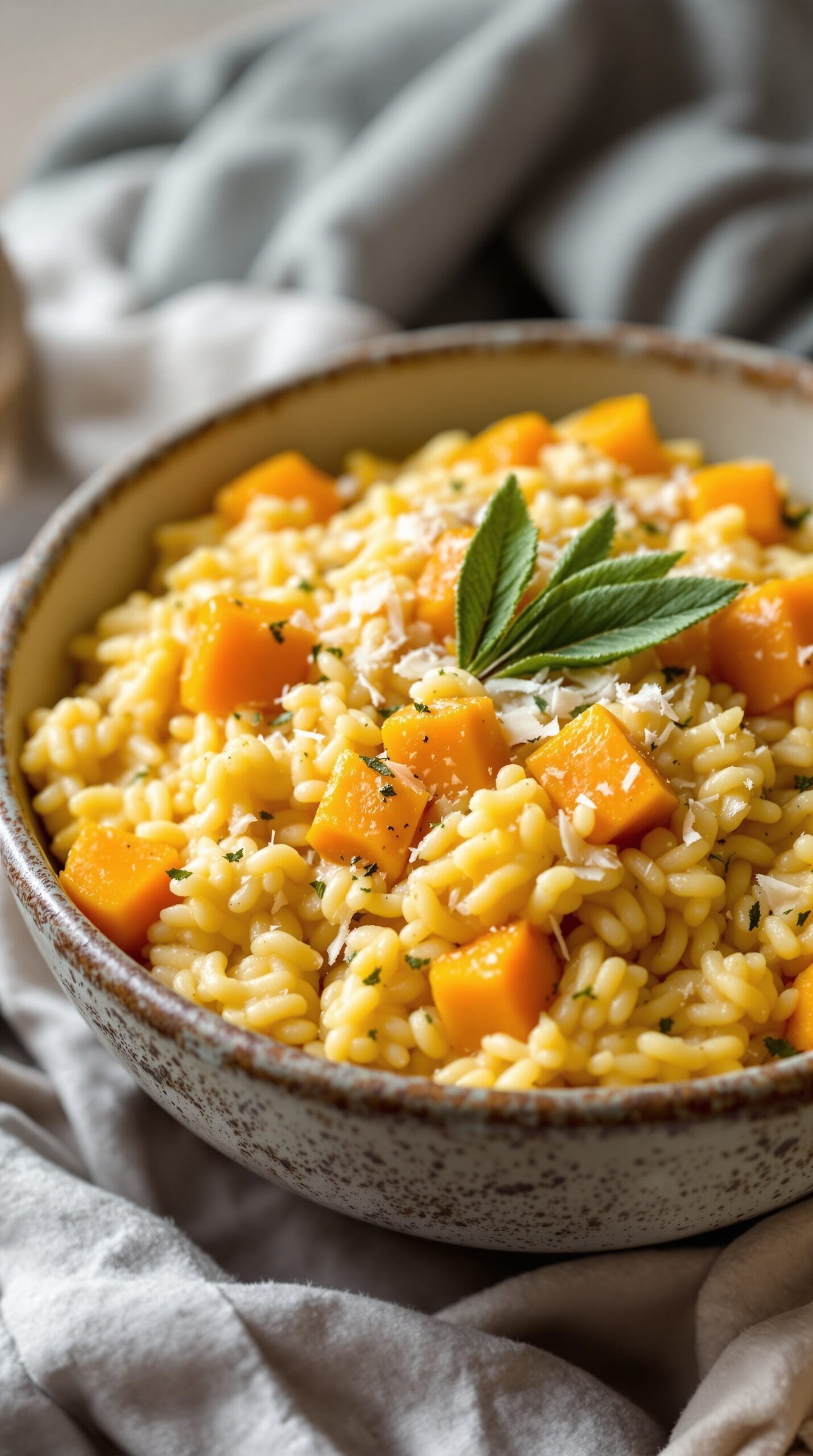 A bowl of roasted butternut squash risotto topped with fresh herbs and Parmesan cheese.