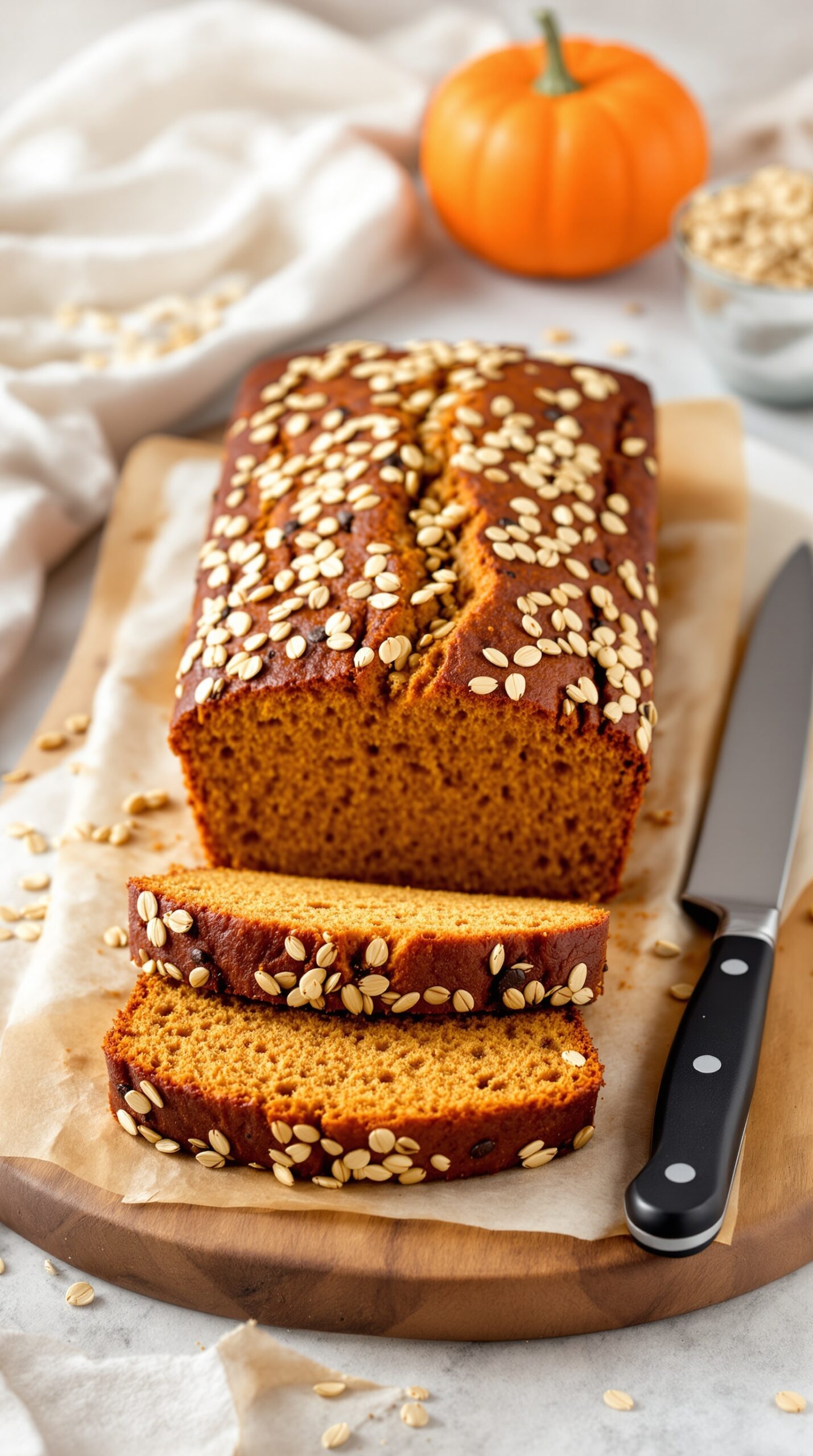 A loaf of pumpkin bread topped with seeds, sliced on a wooden board with a small pumpkin in the background.