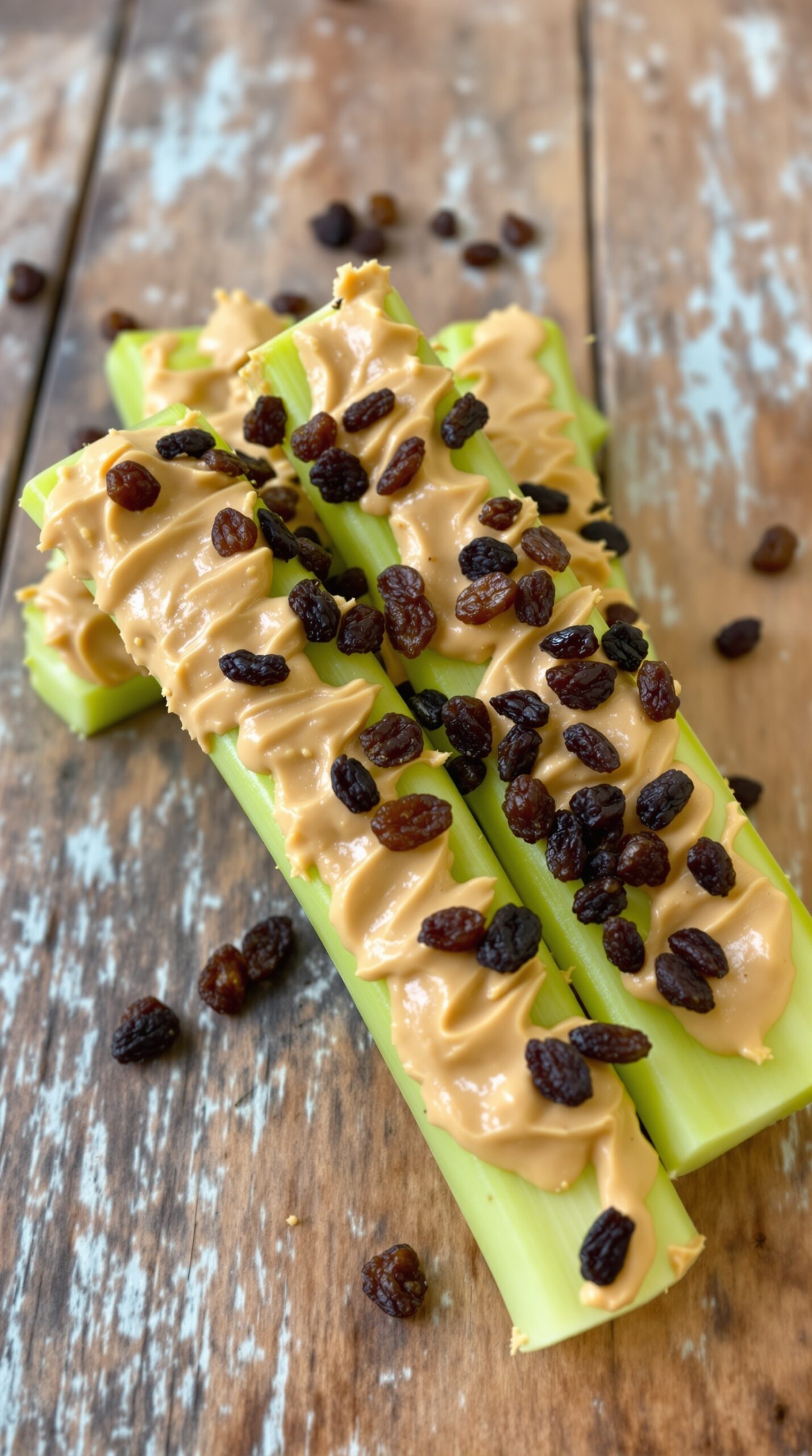 Celery sticks filled with nut butter and topped with raisins on a wooden surface.
